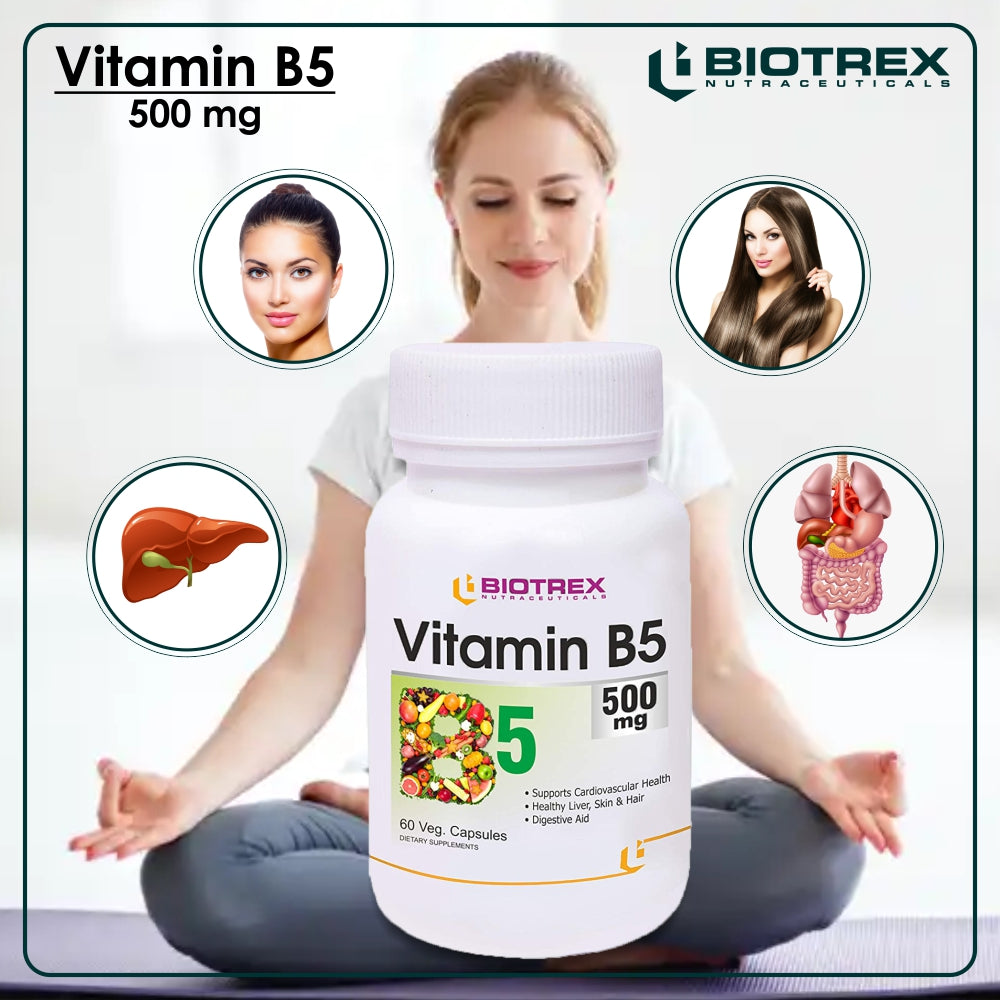 Biotrex Vitamin B5 500mg - 60 Capsules Energy Metabolism, Stress Management, Cholesterol and Lipid Metabolism