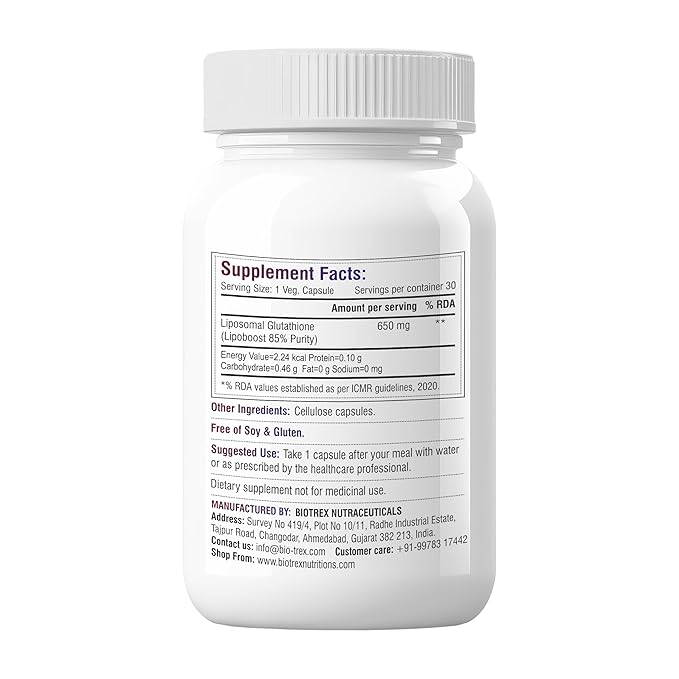Biotrex Nutraceuticals Liposomal Glutathione 85% Lipoboost High Purity Form, Supports Healthy Skin Health - 30 Veg Capsules