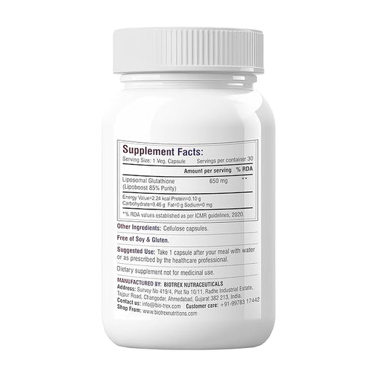 Biotrex Nutraceuticals Liposomal Glutathione 85% Lipoboost High Purity Form, Supports Healthy Skin Health - 30 Veg Capsules