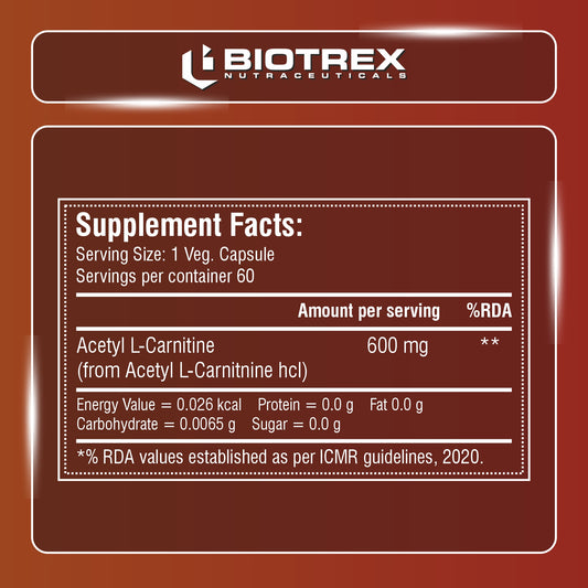 Biotrex Nutraceuticals Acetyl L-Carnitine (ALCAR) 600mg | Nervous System, Cognitive Function & Mitochondrial Metabolism | Energy Production - 60 Veg Capsules