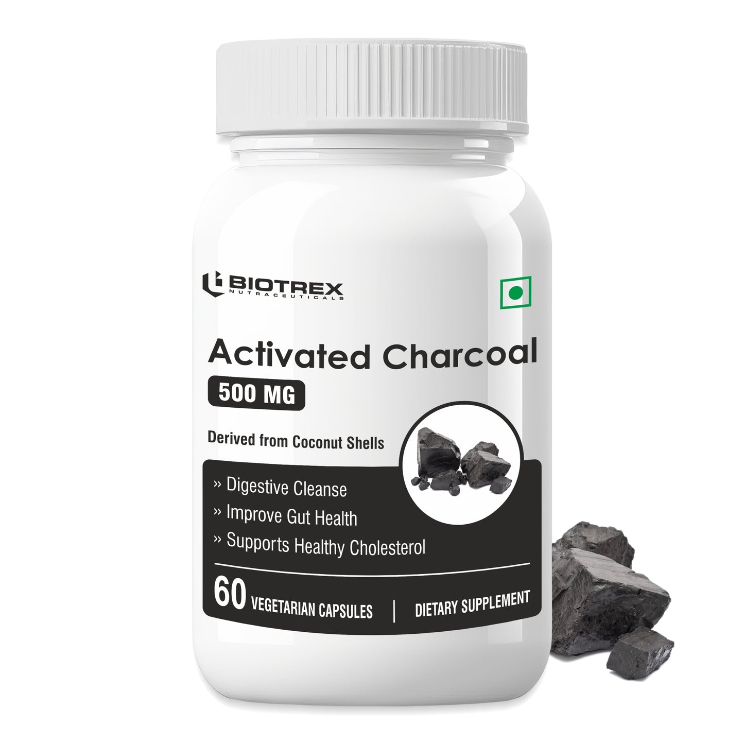 Biotrex Activated Charcoal 500mg Supplement For Healthy Digestive System - 60 Capsules