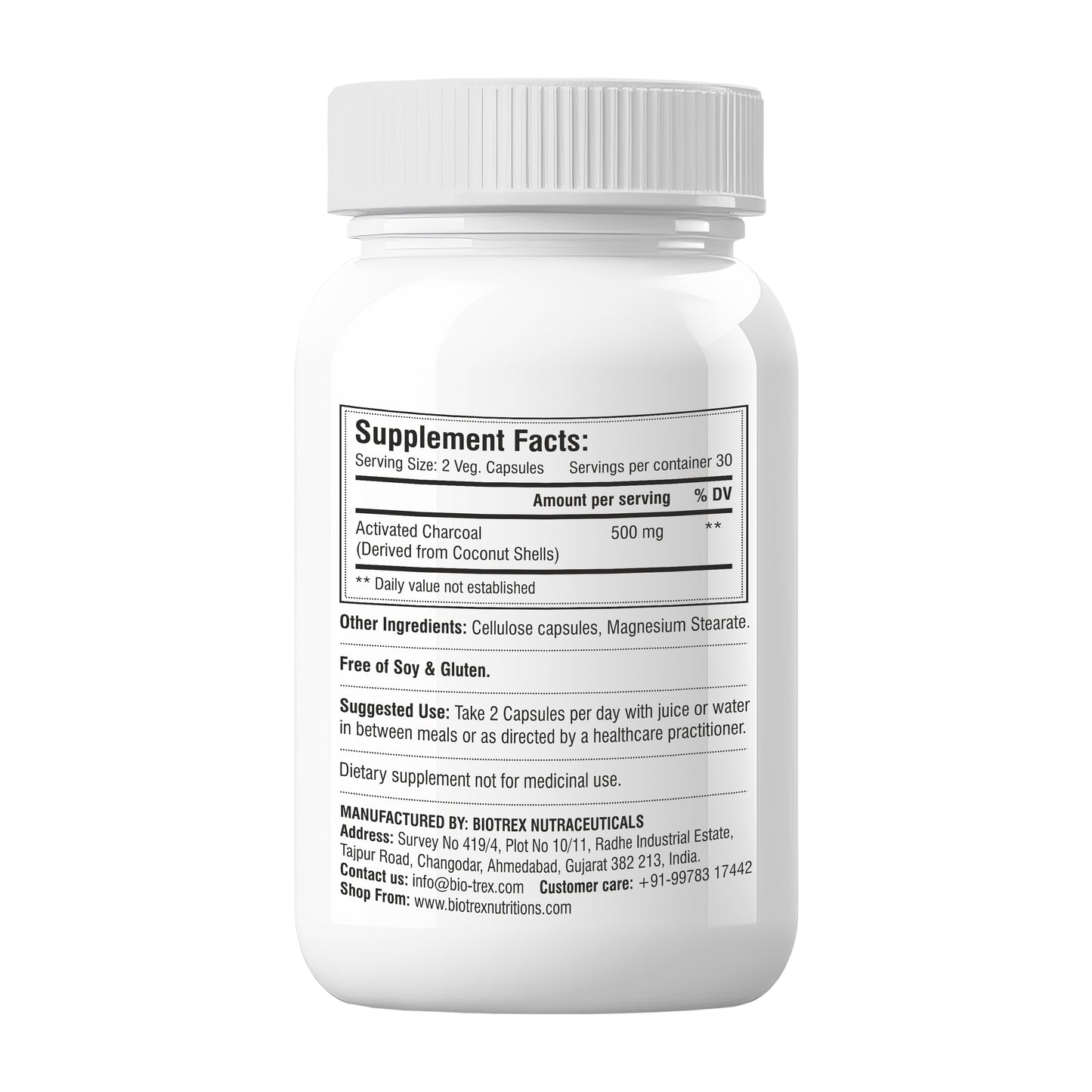 Biotrex Activated Charcoal 500mg Supplement For Healthy Digestive System - 60 Capsules