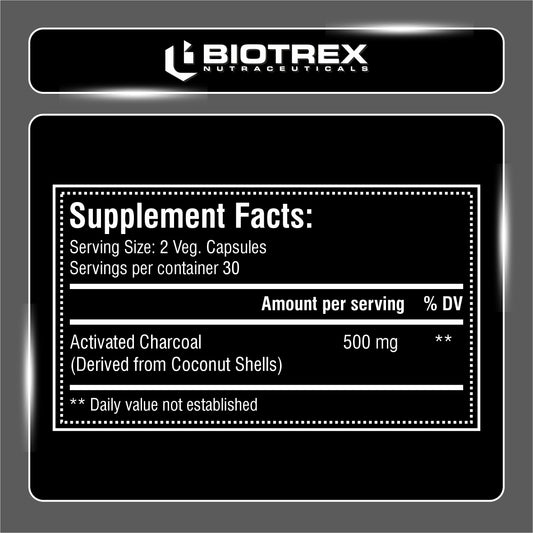 Biotrex Activated Charcoal 500mg Supplement For Healthy Digestive System - 60 Capsules