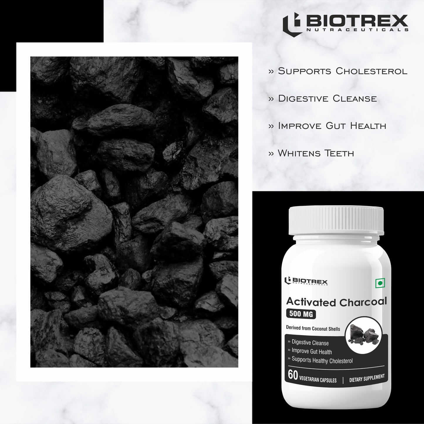 Biotrex Activated Charcoal 500mg Supplement For Healthy Digestive System - 60 Capsules
