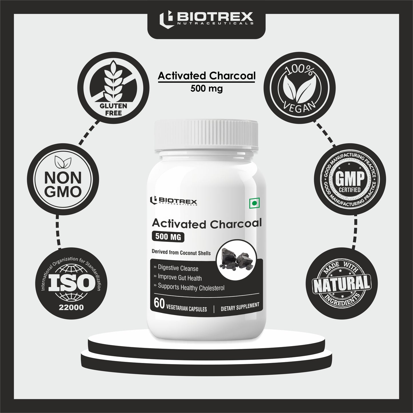 Biotrex Activated Charcoal 500mg Supplement For Healthy Digestive System - 60 Capsules
