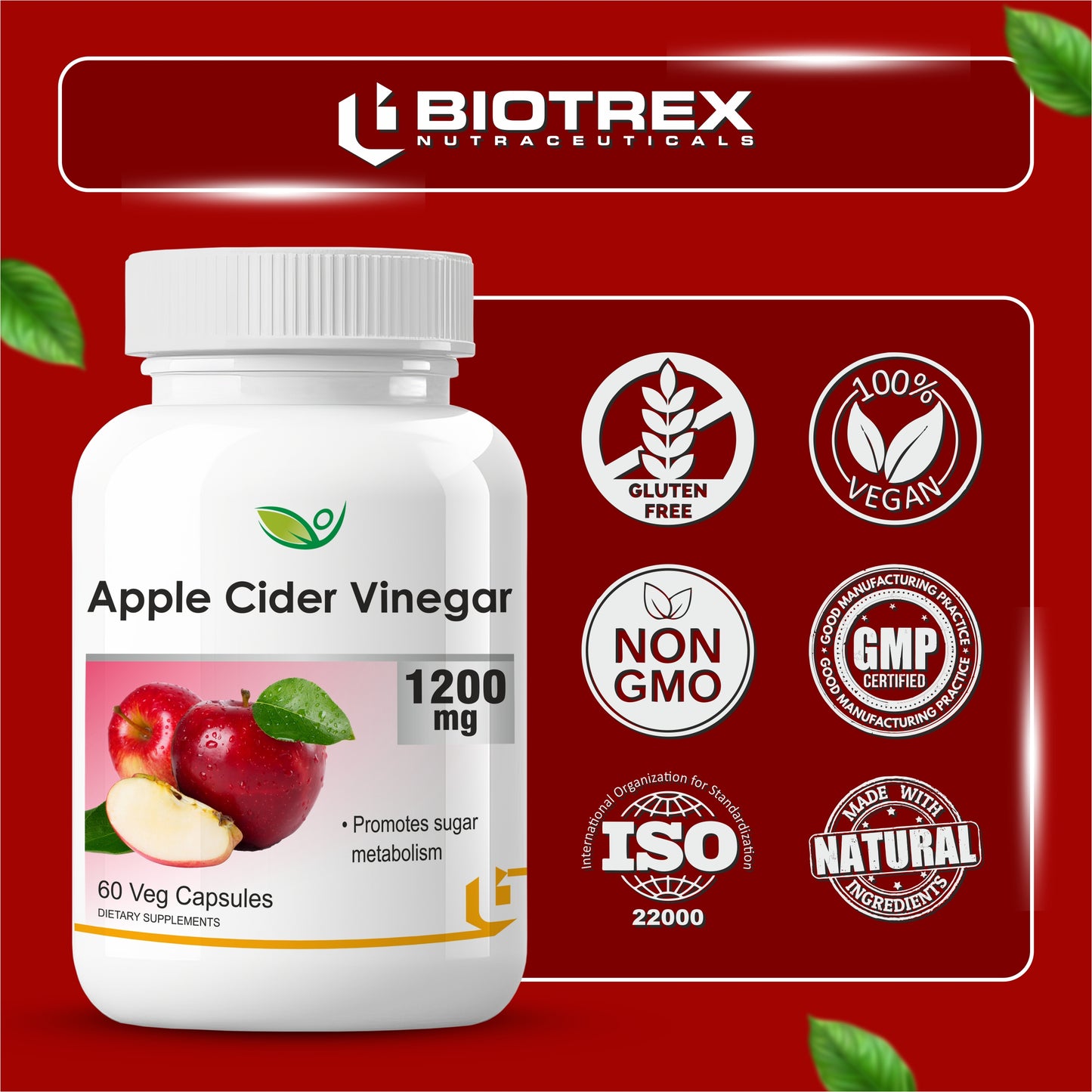 Biotrex Apple Cider Vinegar 1200mg Supplement - 60 Capsules