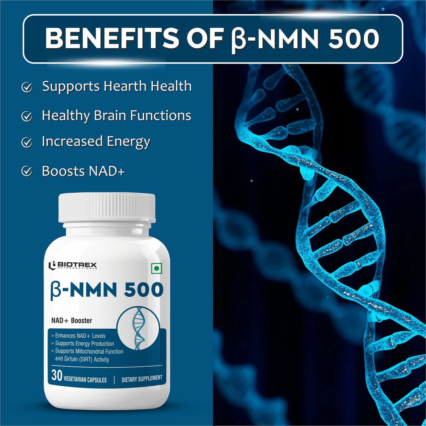 Biotrex NMN 500 Supplement, 99% High Purity, NAD Booster, Healthy Energy Levels & Skin Health - 30 Vegetarian Capsules