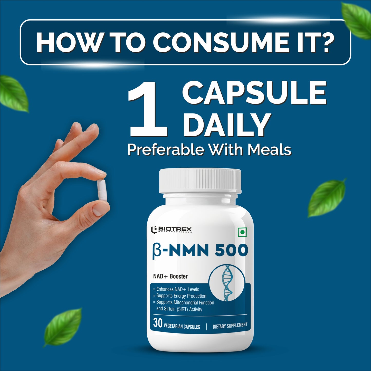 Biotrex NMN 500 Supplement, 99% High Purity, NAD Booster, Healthy Energy Levels & Skin Health - 30 Vegetarian Capsules