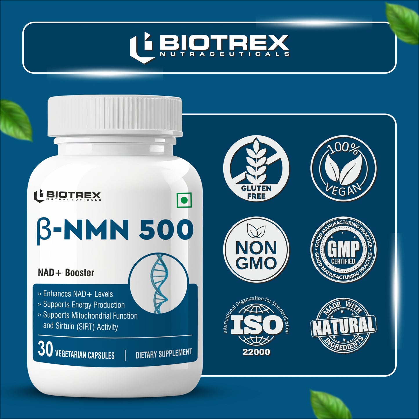 Biotrex NMN 500 Supplement, 99% High Purity, NAD Booster, Healthy Energy Levels & Skin Health - 30 Vegetarian Capsules