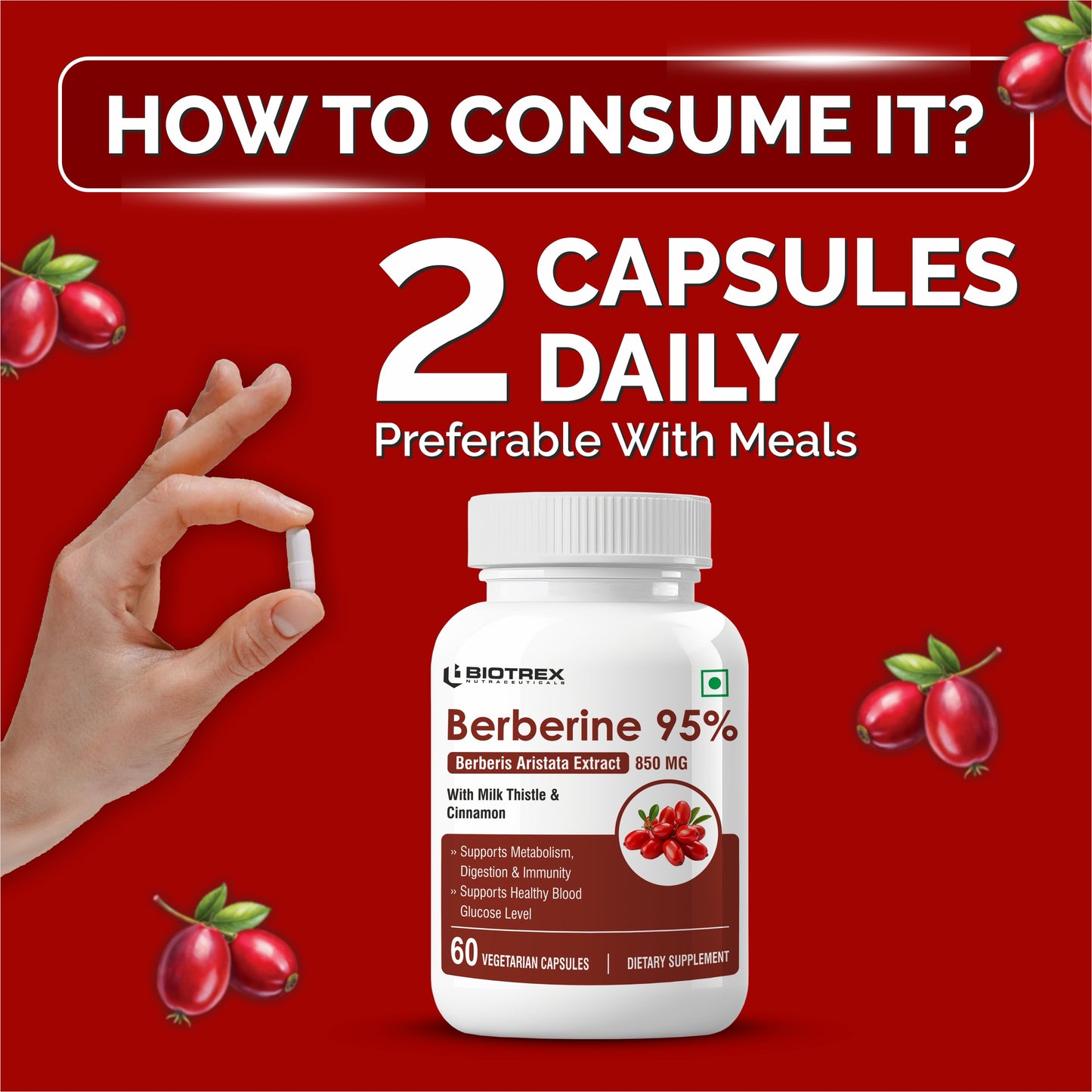 Biotrex Berberis Berberine 95% Supplement - 60 Veg Capsules