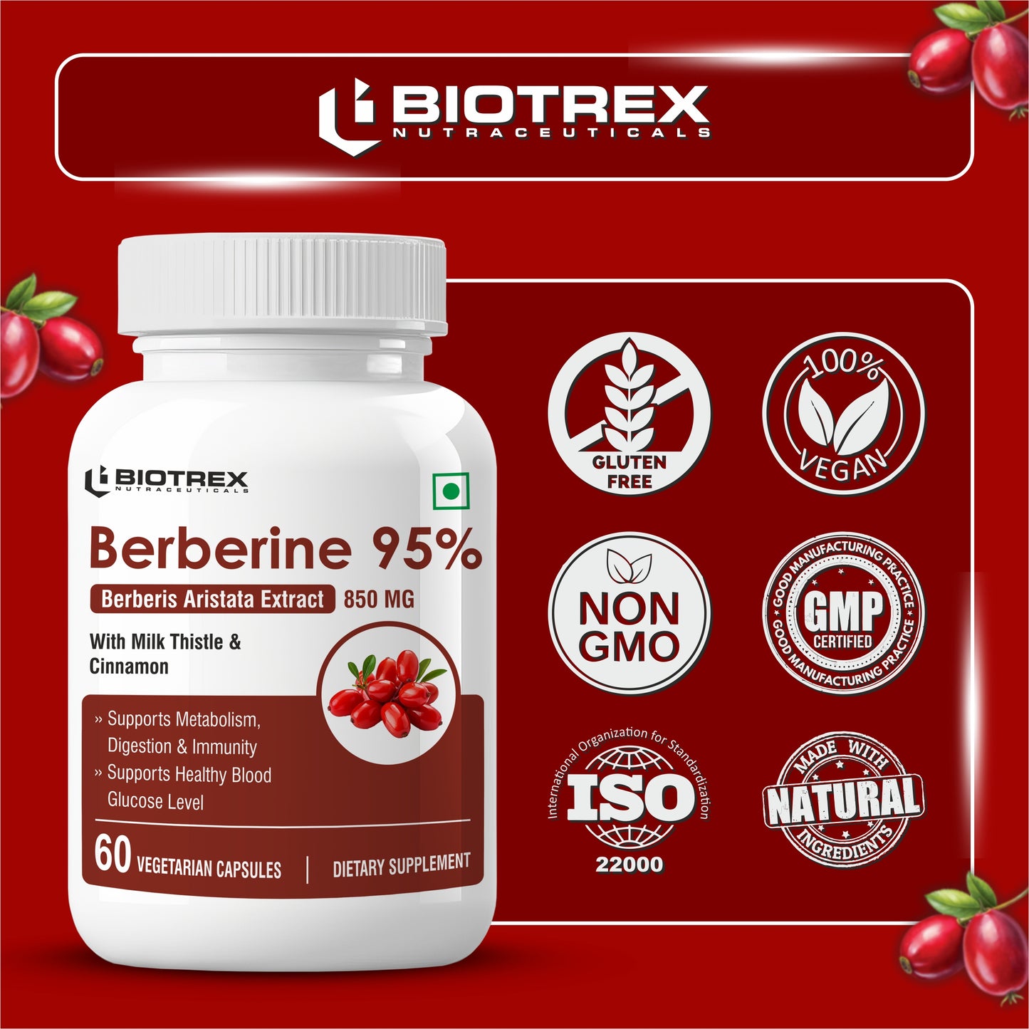 Biotrex Berberis Berberine 95% Supplement - 60 Veg Capsules