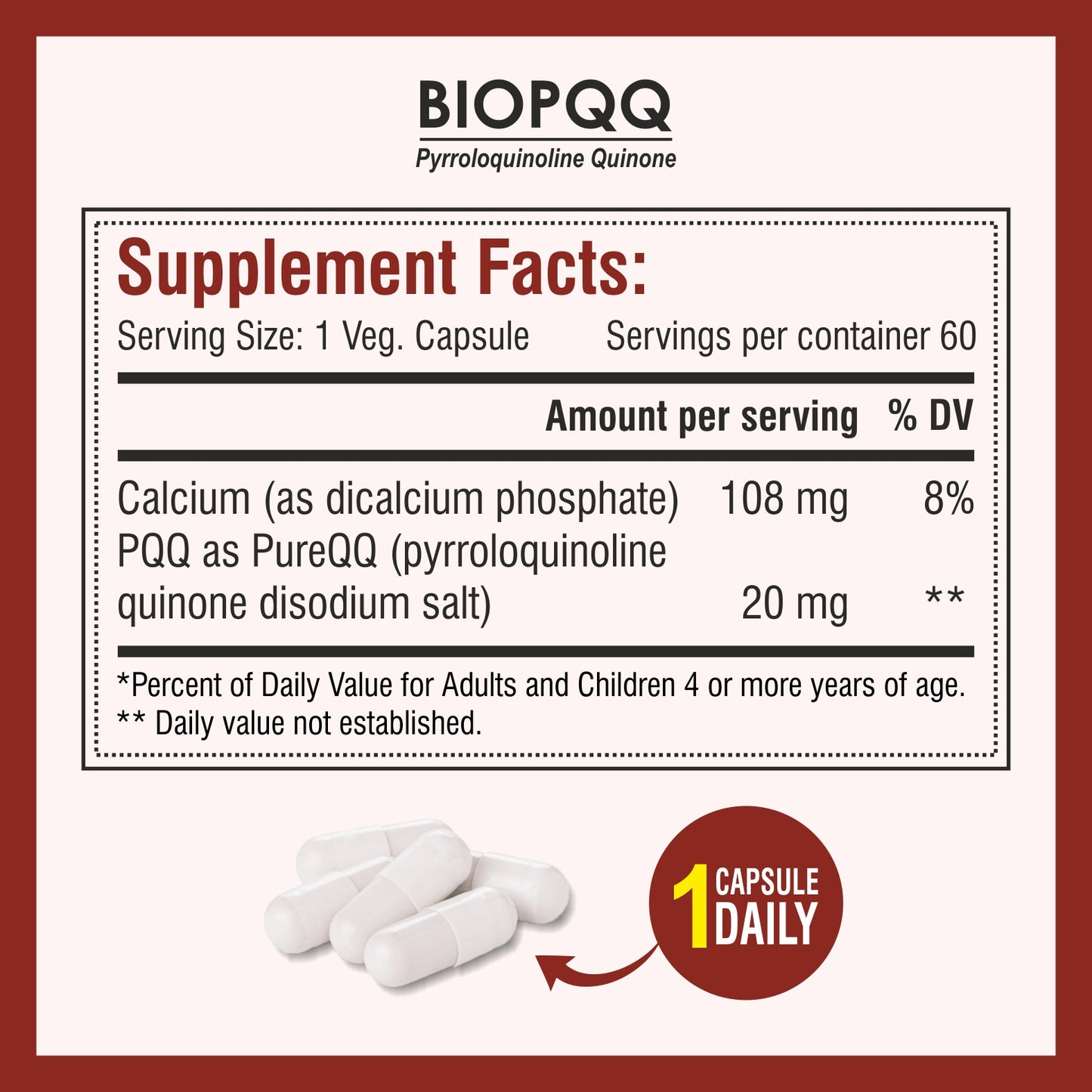 Biotrex Bio Pqq 20mg With Calcium Supplement - 60 Veg Capsules, pqq as (pyrroloquinoline Quinone disodium salt)