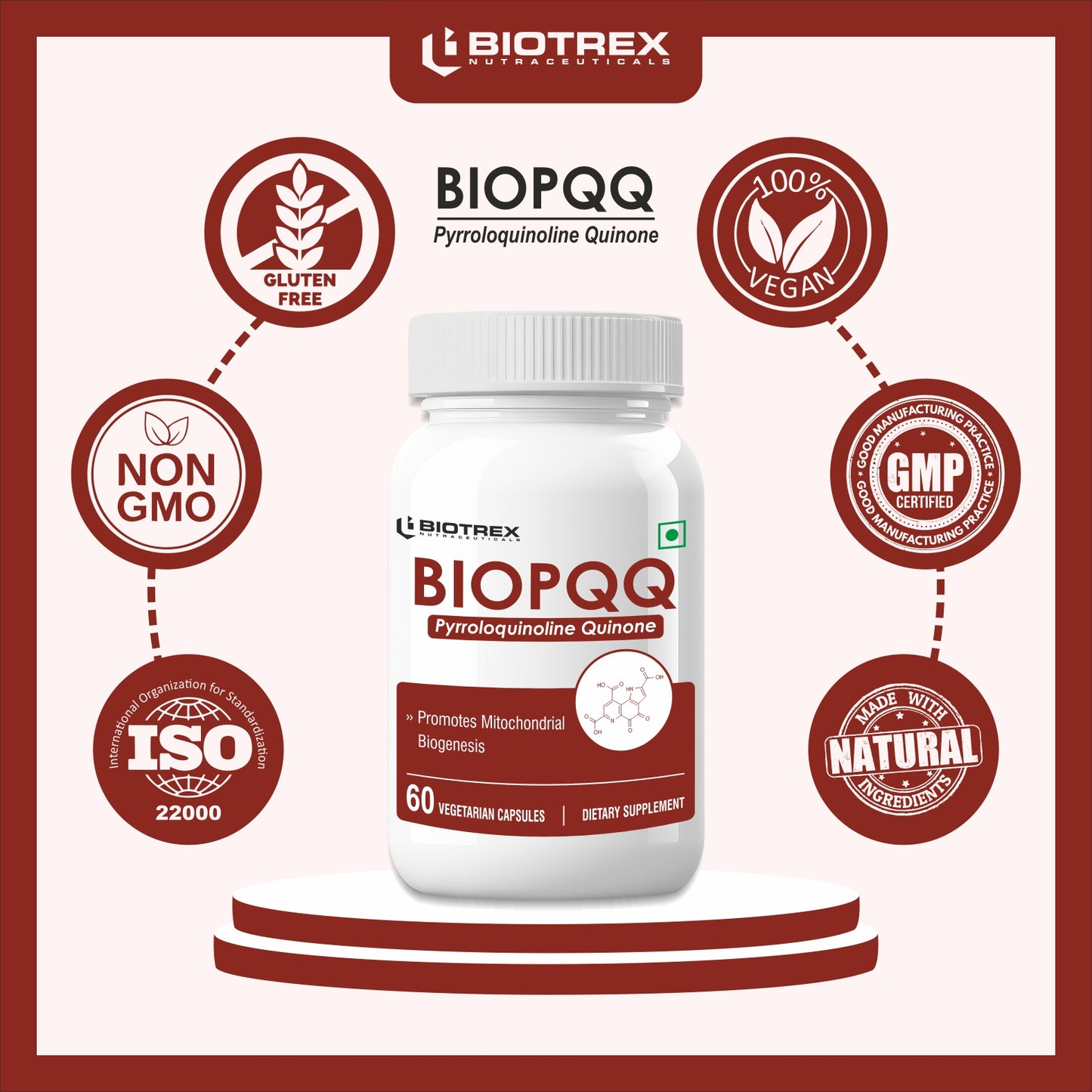 Biotrex Bio Pqq 20mg With Calcium Supplement - 60 Veg Capsules, pqq as (pyrroloquinoline Quinone disodium salt)