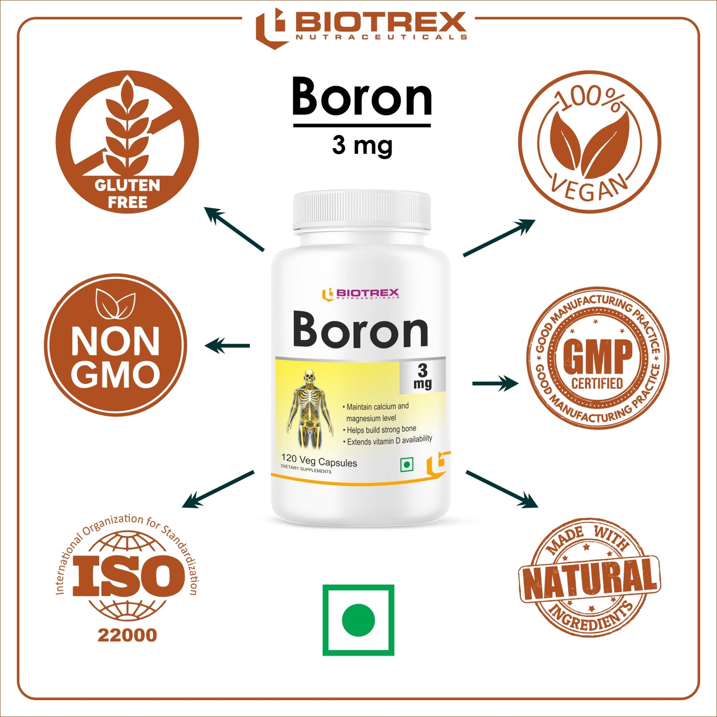 Biotrex Boron 3mg | Build Strong Bones | Improve Muscle Coordination | 120 Veg Capsules