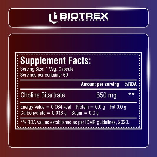 Biotrex Nutraceuticals Choline Bitartrate 650mg Supplement | High Purity Grade | Healthy Brain, Liver, Heart, Nervous System & Cognitive Function - 60 Veg Capsules