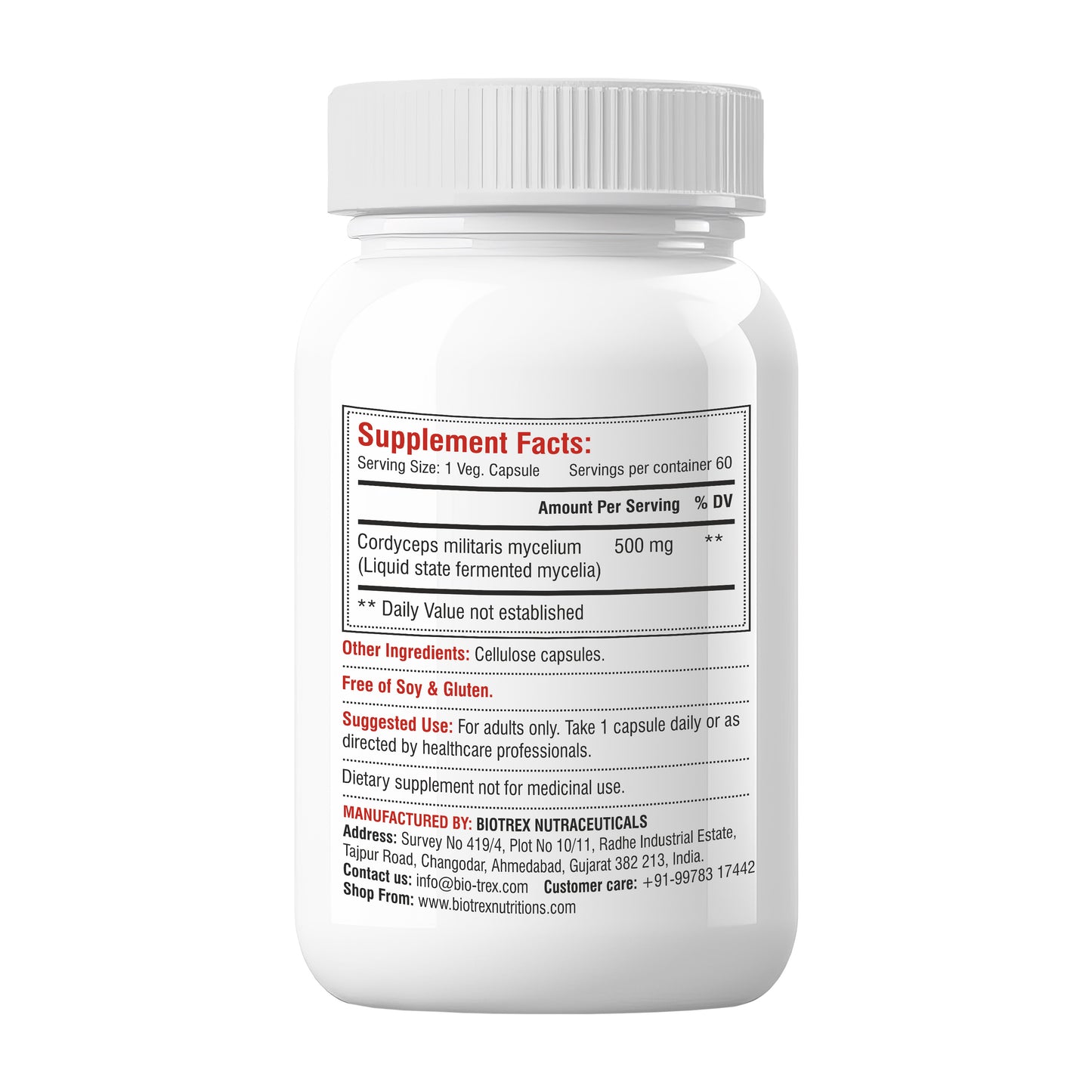 Biotrex Cordyceps 500mg-60 Veg Capsules Increases Energy, Stamina & Athletic Performance Enhancement