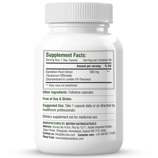 Biotrex Dandelion 500mg - 60 Capsules, Antioxidant, Detoxifies Liver, Digestive Aid