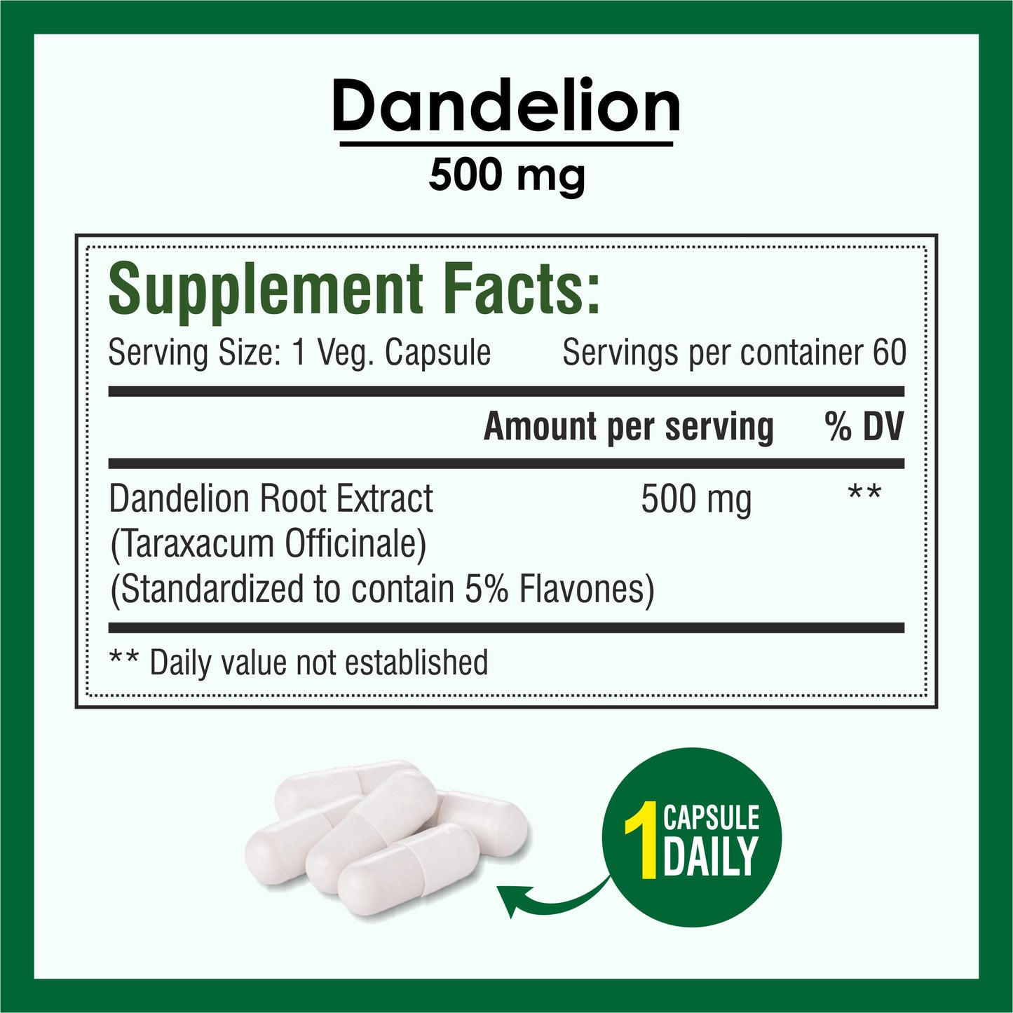 Biotrex Dandelion 500mg - 60 Capsules, Antioxidant, Detoxifies Liver, Digestive Aid