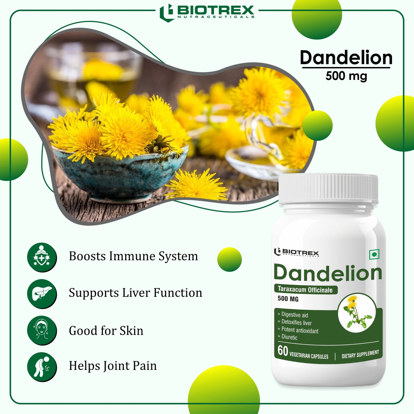 Biotrex Dandelion 500mg - 60 Capsules, Antioxidant, Detoxifies Liver, Digestive Aid
