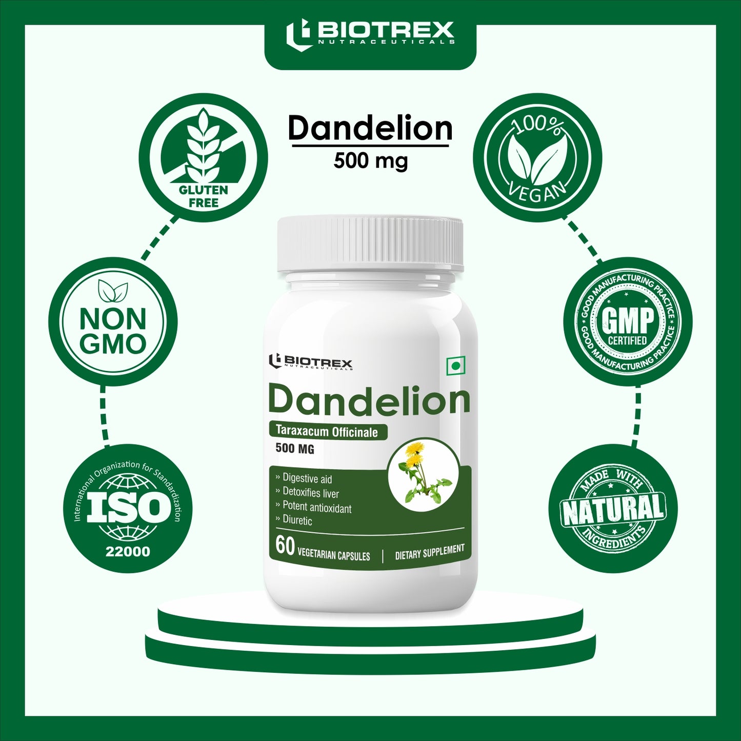 Biotrex Dandelion 500mg - 60 Capsules, Antioxidant, Detoxifies Liver, Digestive Aid
