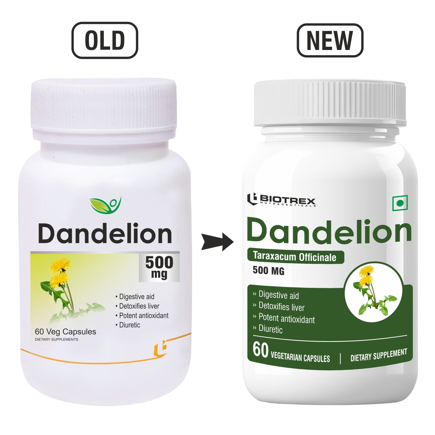 Biotrex Dandelion 500mg - 60 Capsules, Antioxidant, Detoxifies Liver, Digestive Aid