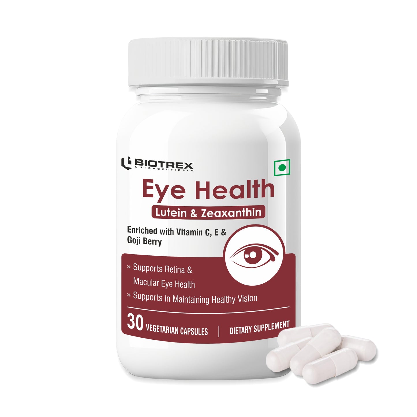 Biotrex Eye Health Supplement Enriched With Lutein, Zeaxanthin, Goji Berry, Copper, Zinc, Vitamin C & E, Protects From Blue Light Damage & Digital Strain - 30 Vegetarian Capsules