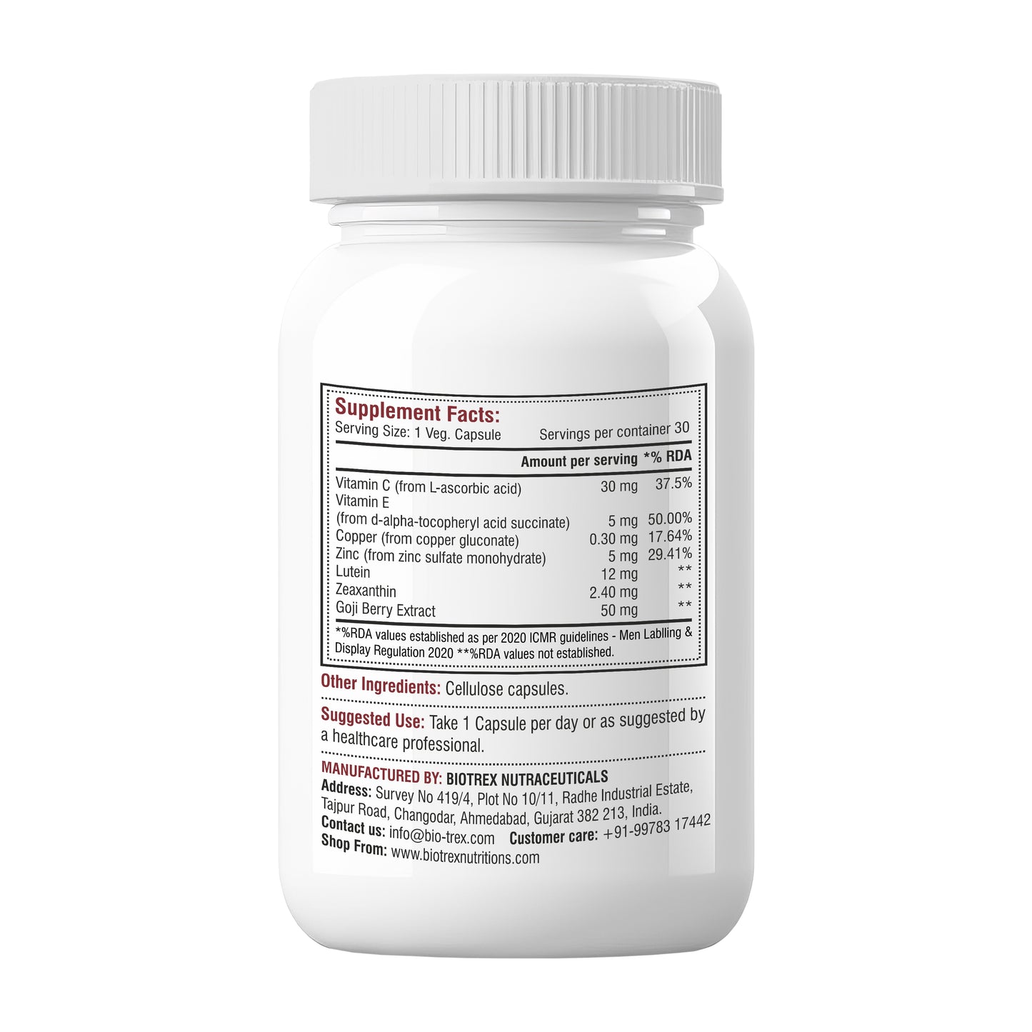 Biotrex Eye Health Supplement Enriched With Lutein, Zeaxanthin, Goji Berry, Copper, Zinc, Vitamin C & E, Protects From Blue Light Damage & Digital Strain - 30 Vegetarian Capsules