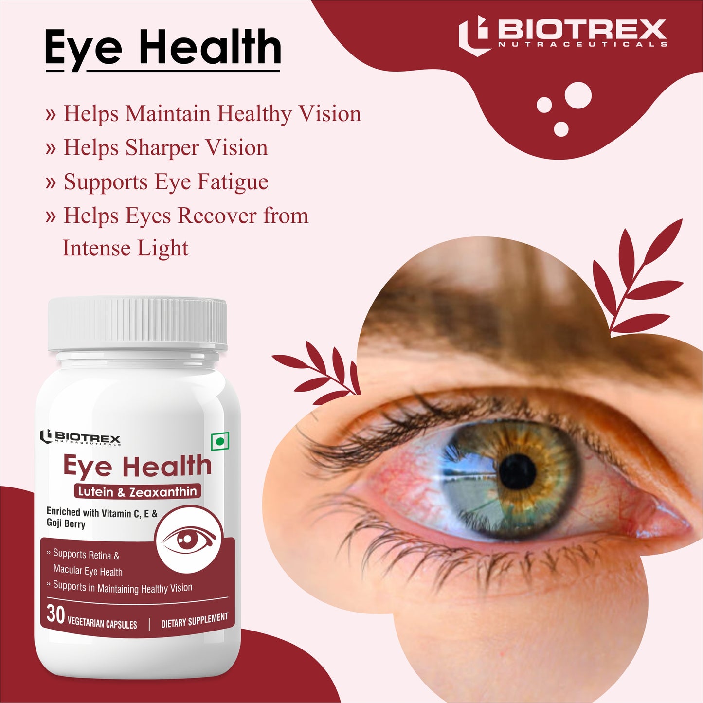 Biotrex Eye Health Supplement Enriched With Lutein, Zeaxanthin, Goji Berry, Copper, Zinc, Vitamin C & E, Protects From Blue Light Damage & Digital Strain - 30 Vegetarian Capsules