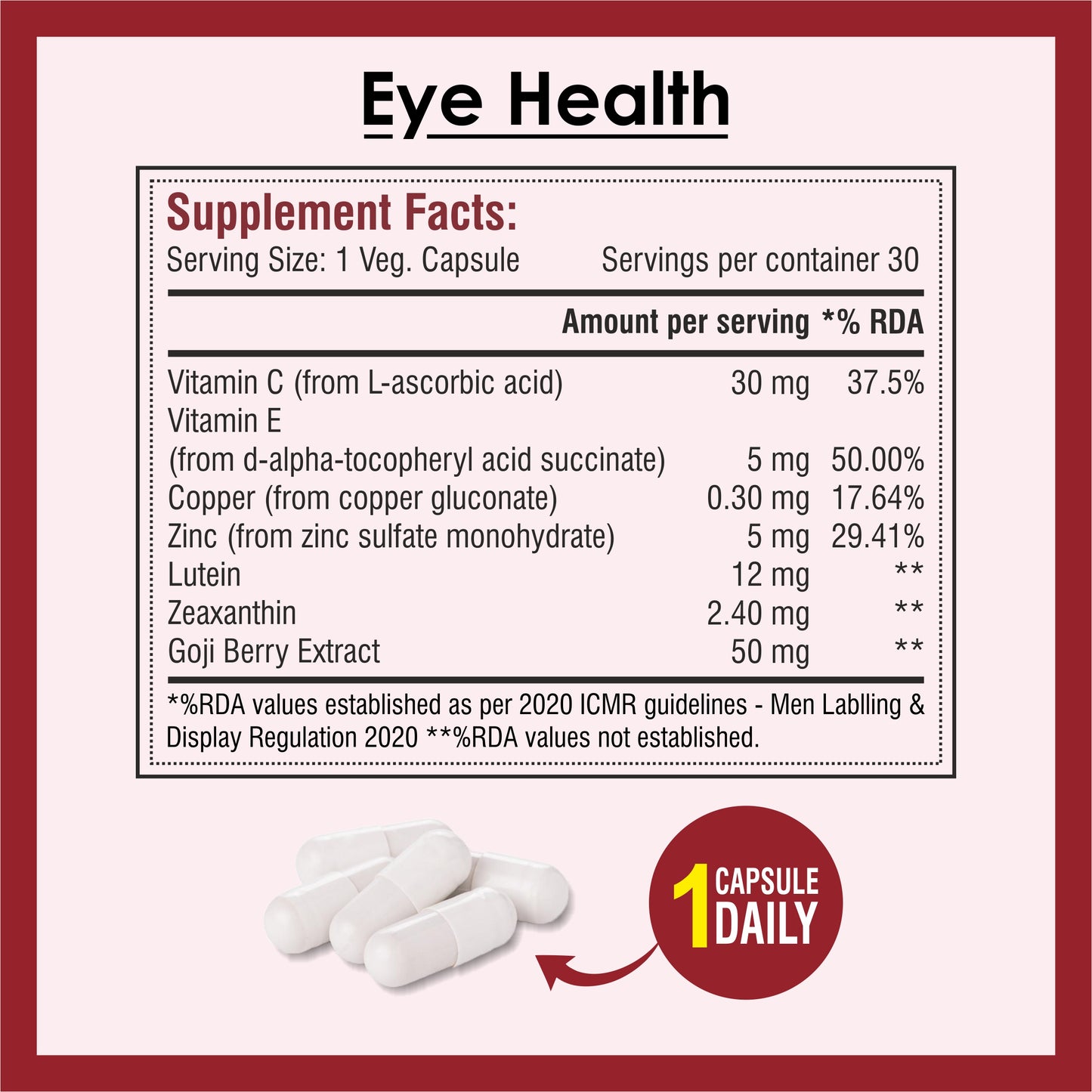Biotrex Eye Health Supplement Enriched With Lutein, Zeaxanthin, Goji Berry, Copper, Zinc, Vitamin C & E, Protects From Blue Light Damage & Digital Strain - 30 Vegetarian Capsules