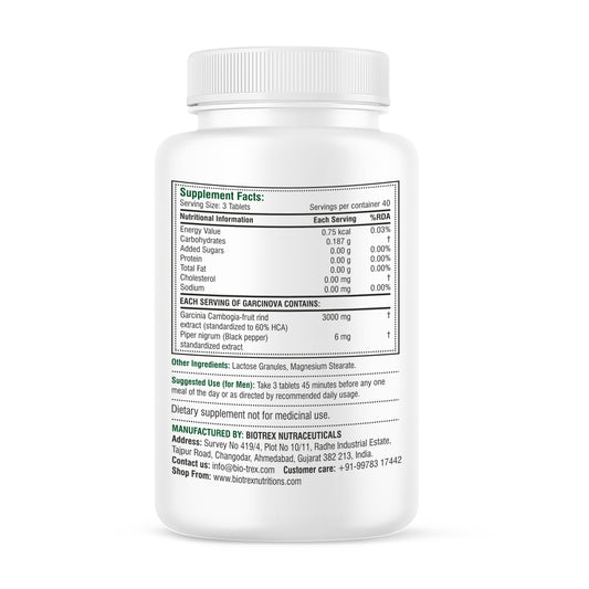 Biotrex Garcinia Cambogia 3000mg 60% HCA With 6mg Piperine, Supports Metabolism & Enery Levels, Healthy Weight Management - 120 Tablets