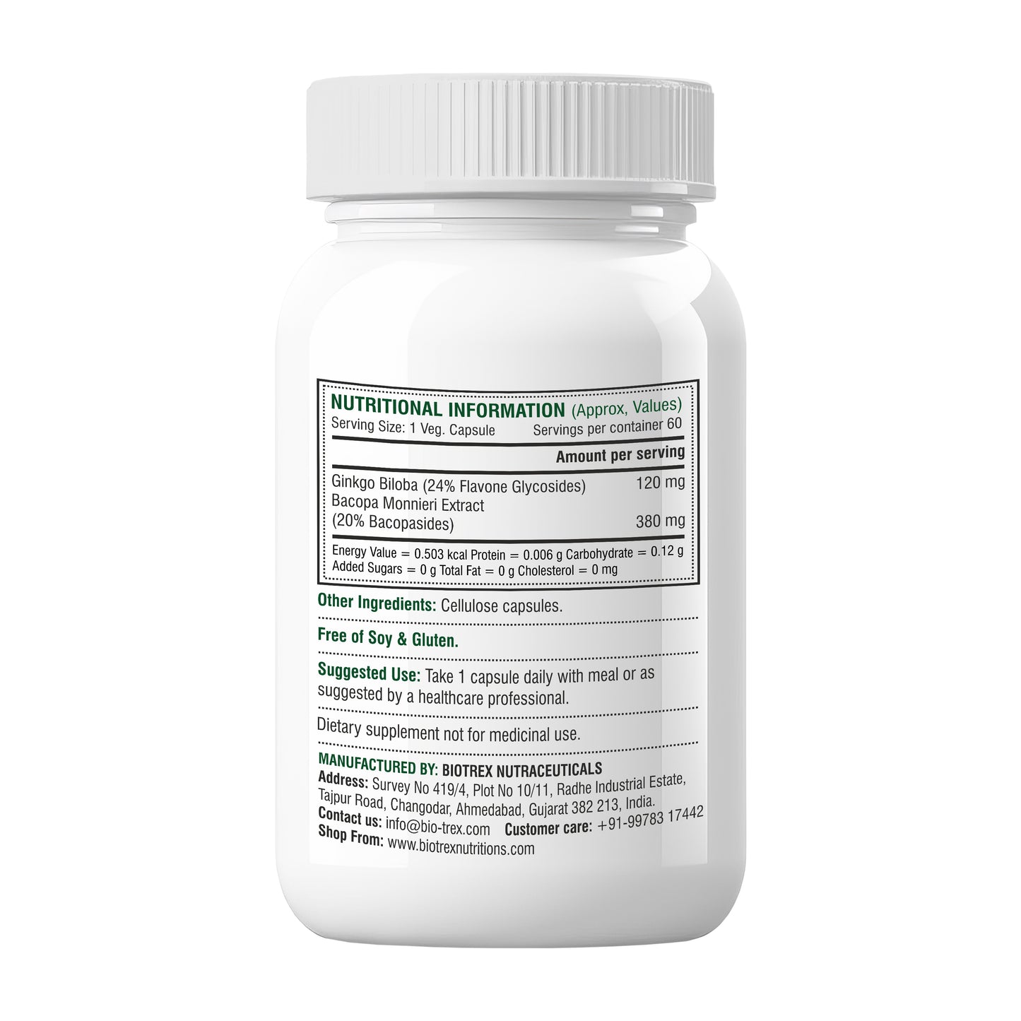 Biotrex Ginkgo Biloba With Brahmi 500mg, Supports Memory & Better Concentration, Healthy Blood Circulation, 24% Flavone Glycosides - 60 Vegetarian Capsules