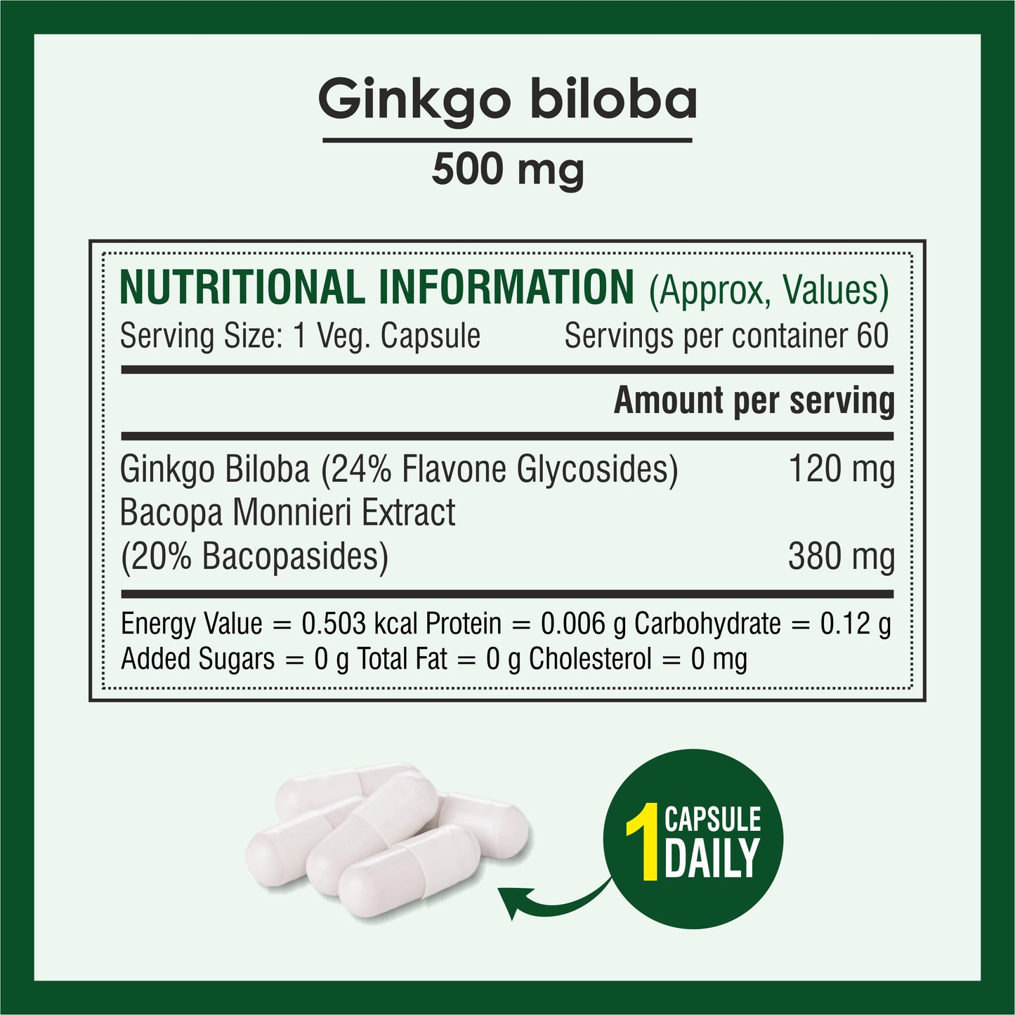 Biotrex Ginkgo Biloba With Brahmi 500mg, Supports Memory & Better Concentration, Healthy Blood Circulation, 24% Flavone Glycosides - 60 Vegetarian Capsules