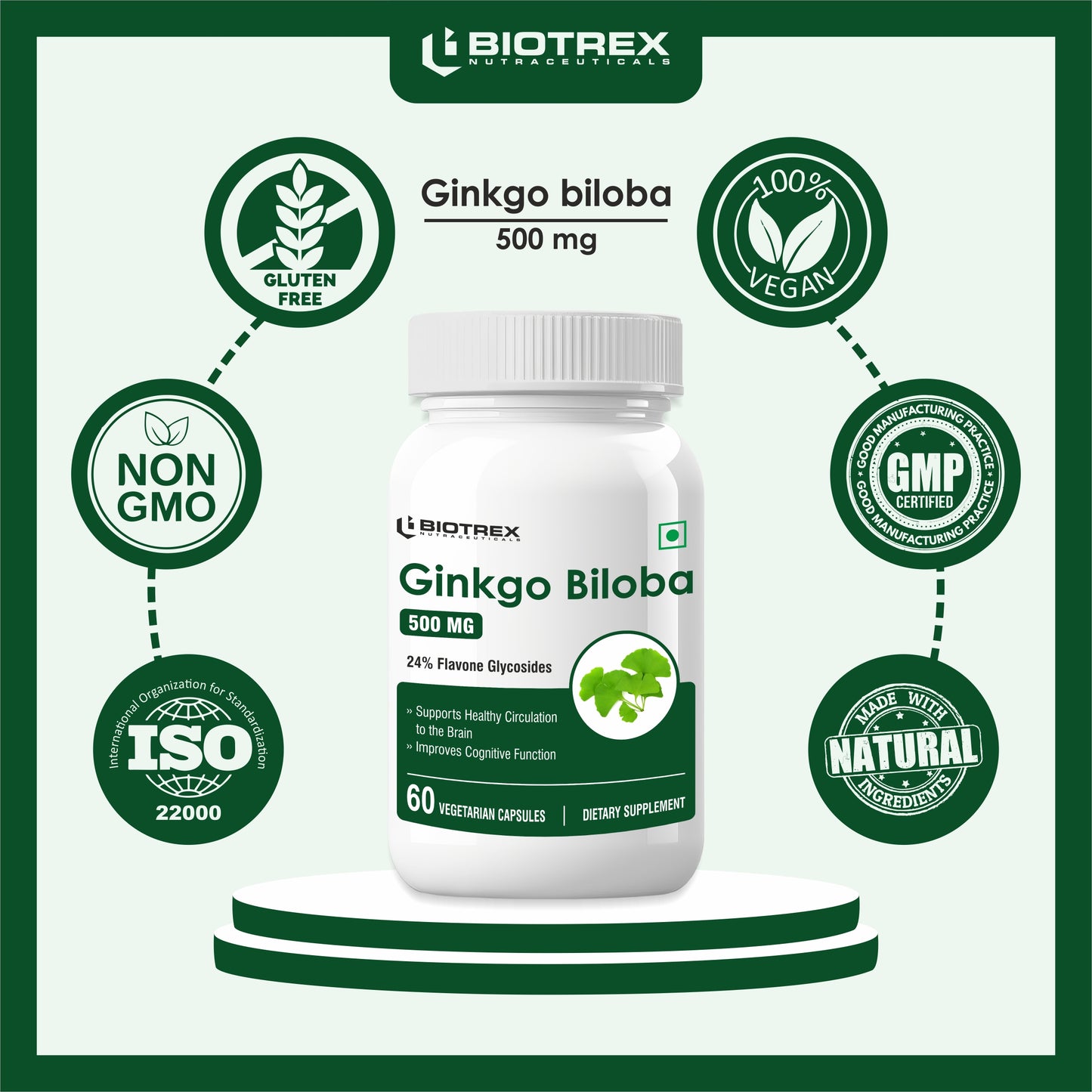 Biotrex Ginkgo Biloba With Brahmi 500mg, Supports Memory & Better Concentration, Healthy Blood Circulation, 24% Flavone Glycosides - 60 Vegetarian Capsules