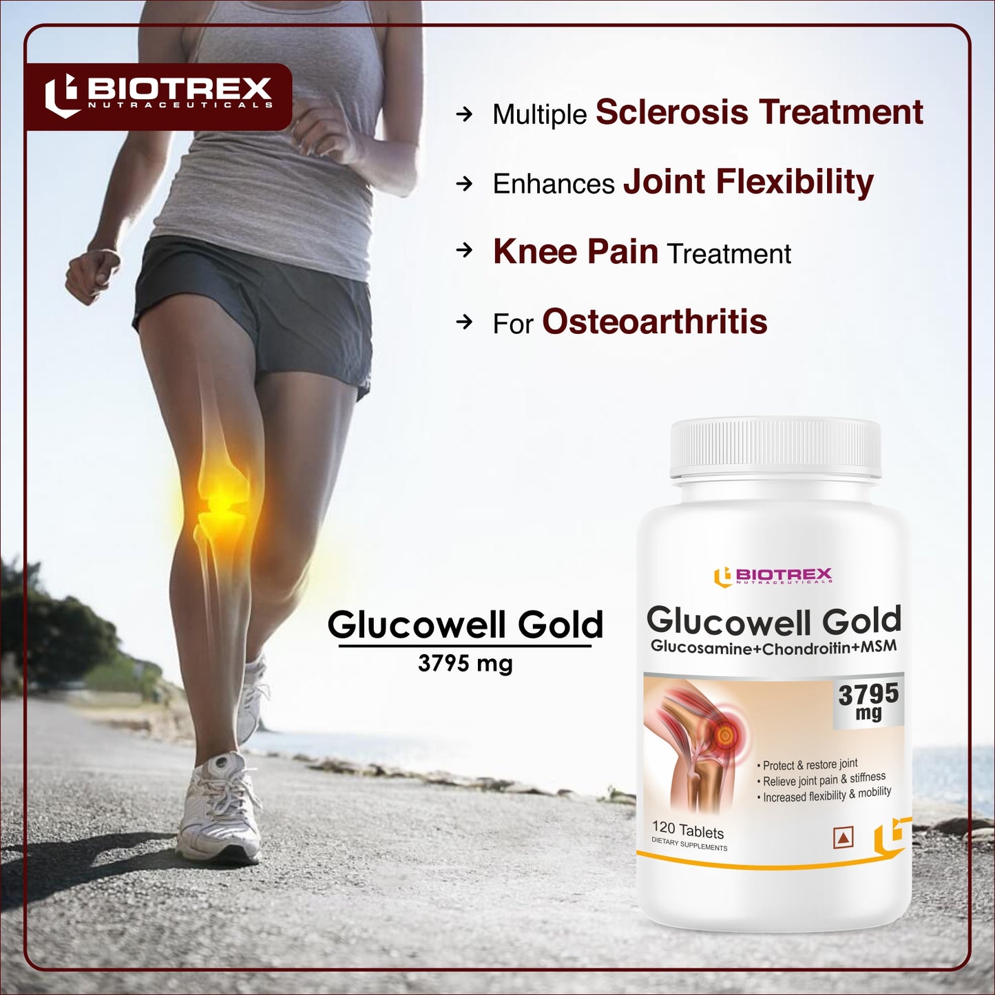Biotrex Glucowell GOLD Glucosamine+ Chondroitin + MSM 3795mg - Maximum strength of Glucosamine with MSM (120 Tablets)