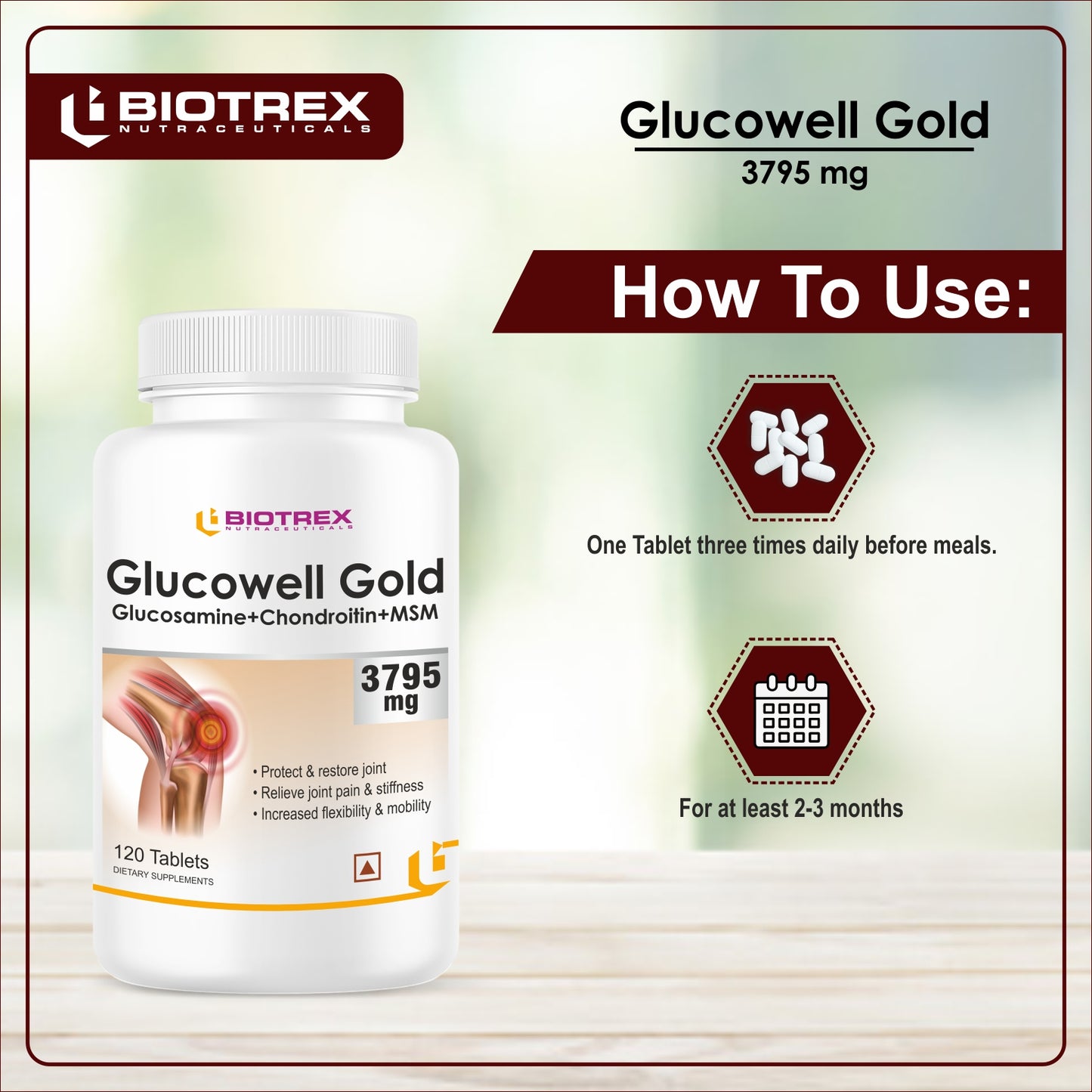 Biotrex Glucowell GOLD Glucosamine+ Chondroitin + MSM 3795mg - Maximum strength of Glucosamine with MSM (120 Tablets)