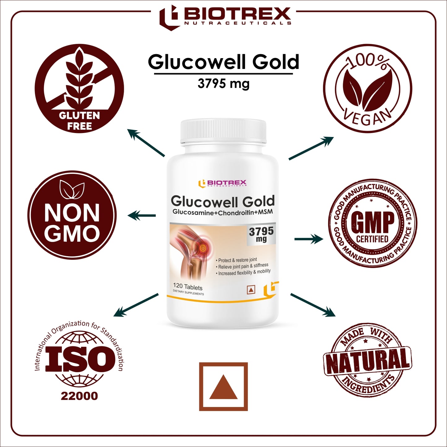 Biotrex Glucowell GOLD Glucosamine+ Chondroitin + MSM 3795mg - Maximum strength of Glucosamine with MSM (120 Tablets)