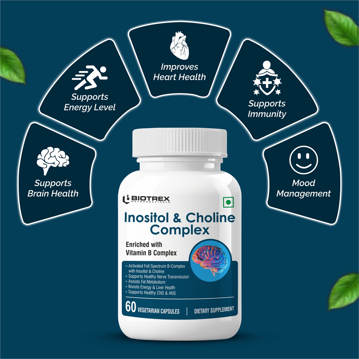 Biotrex Inositol and Choline Complex With Vitamin B Complex Vitamin B1, B2, B3, B5, B6, B7, B9 & B12, Enriched With High Purity, Advanced Nervous System & Fatty Acid - 60 Veg Capsules