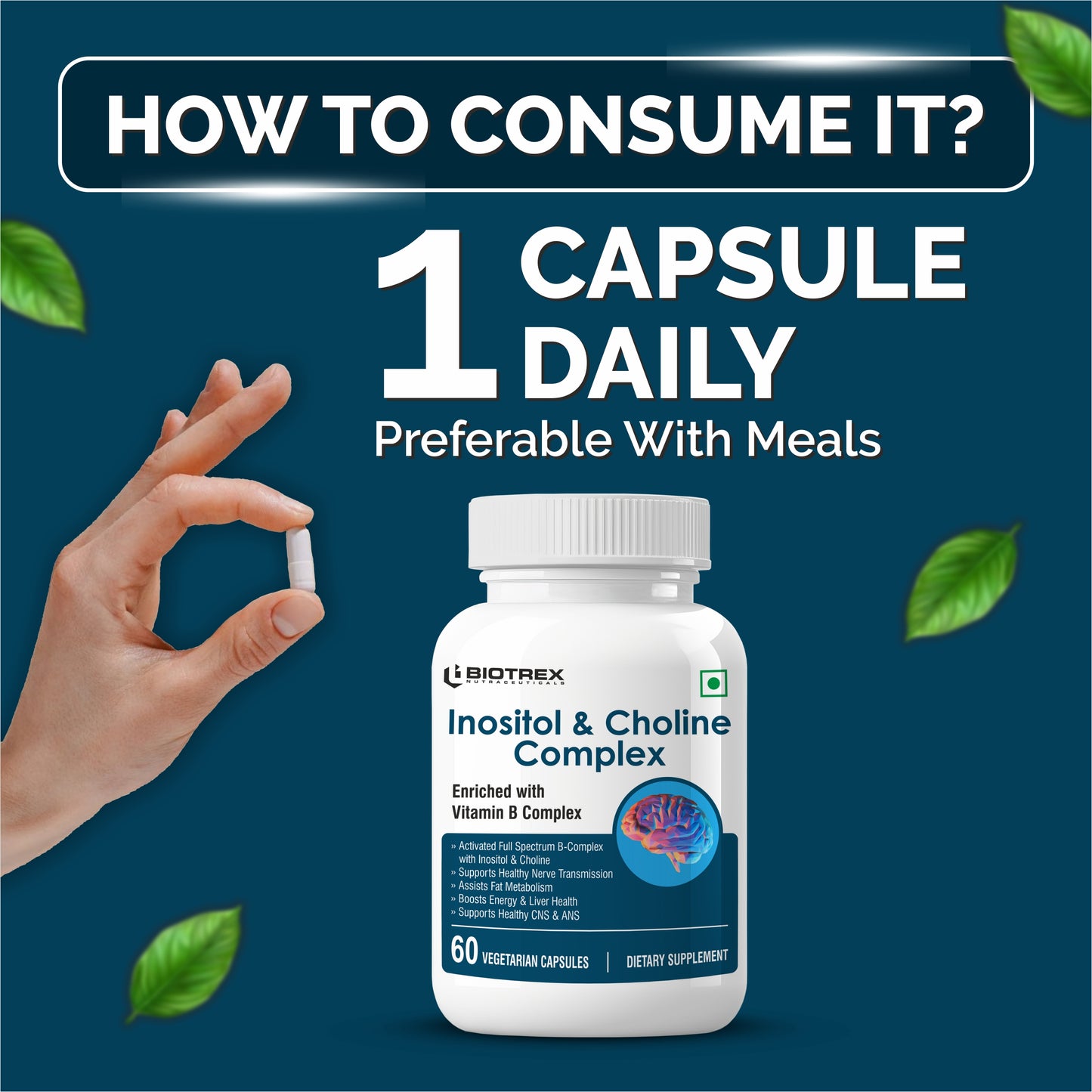 Biotrex Inositol and Choline Complex With Vitamin B Complex Vitamin B1, B2, B3, B5, B6, B7, B9 & B12, Enriched With High Purity, Advanced Nervous System & Fatty Acid - 60 Veg Capsules