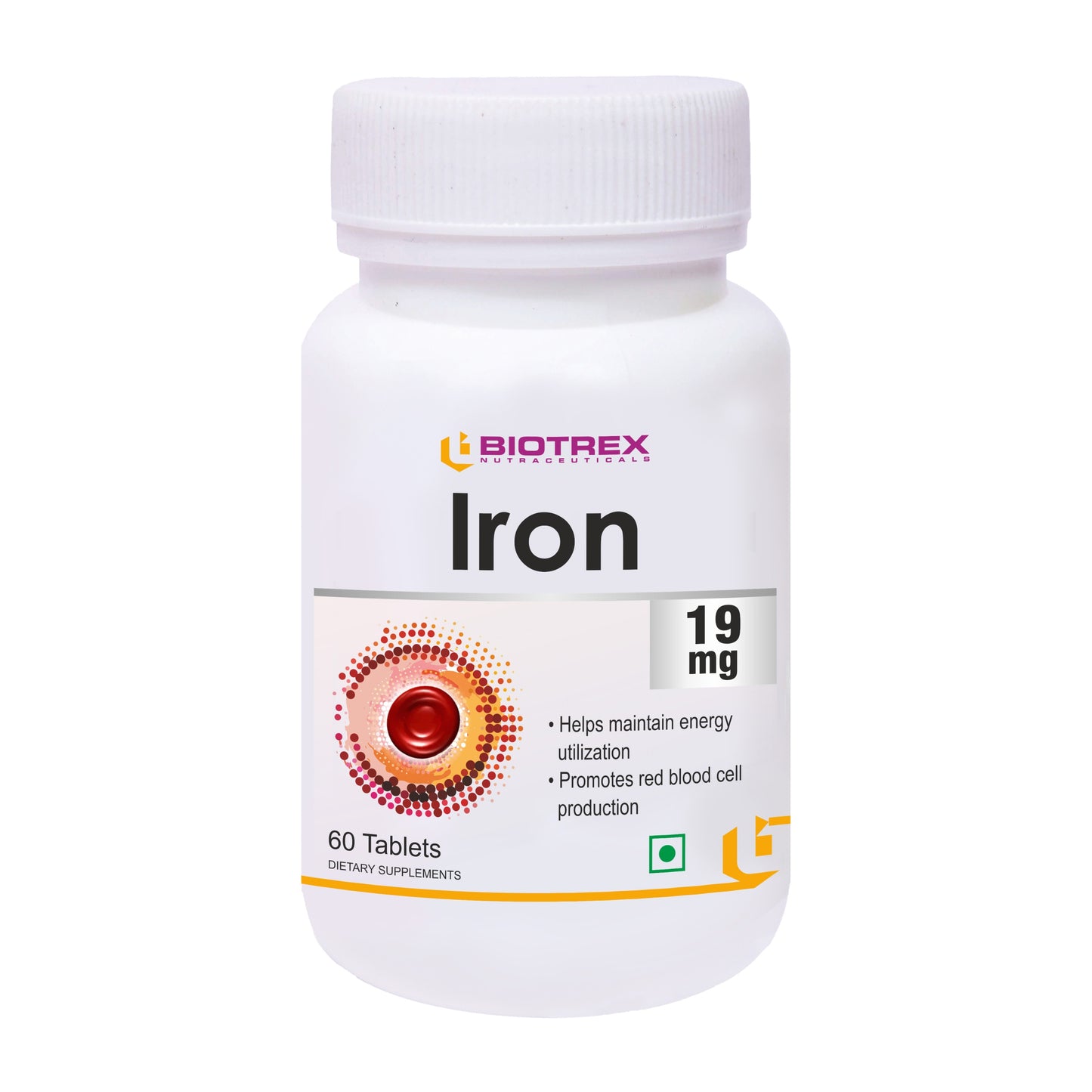 Biotrex Iron 19mg (As Ferrous fumarate) | Boosts immunity, Supports energy, Brain function & Muscle function | For Both Men & Women - 60 Tablets
