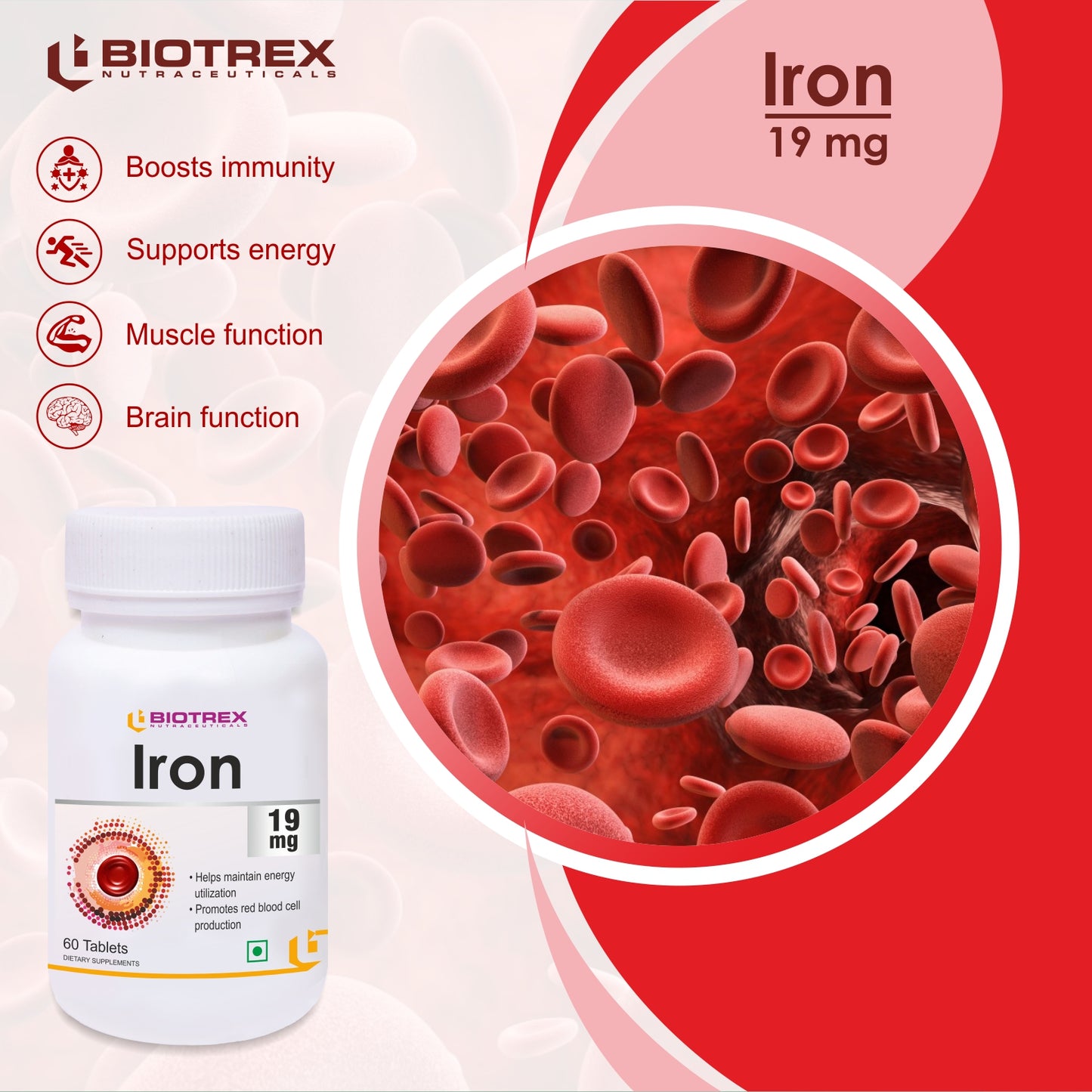 Biotrex Iron 19mg (As Ferrous fumarate) | Boosts immunity, Supports energy, Brain function & Muscle function | For Both Men & Women - 60 Tablets
