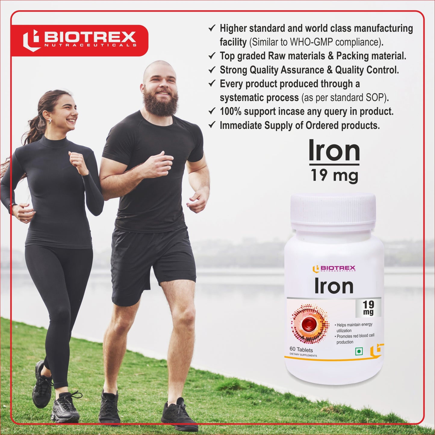 Biotrex Iron 19mg (As Ferrous fumarate) | Boosts immunity, Supports energy, Brain function & Muscle function | For Both Men & Women - 60 Tablets