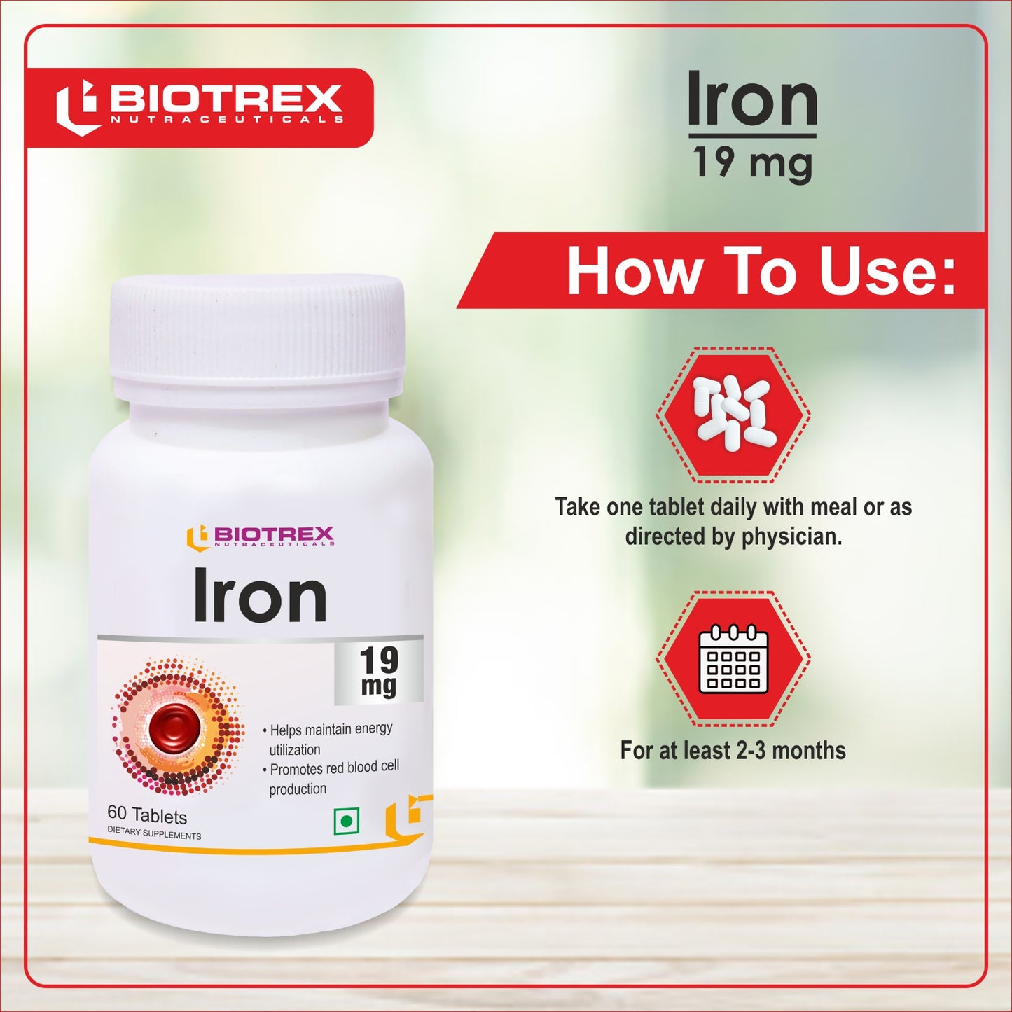 Biotrex Iron 19mg (As Ferrous fumarate) | Boosts immunity, Supports energy, Brain function & Muscle function | For Both Men & Women - 60 Tablets