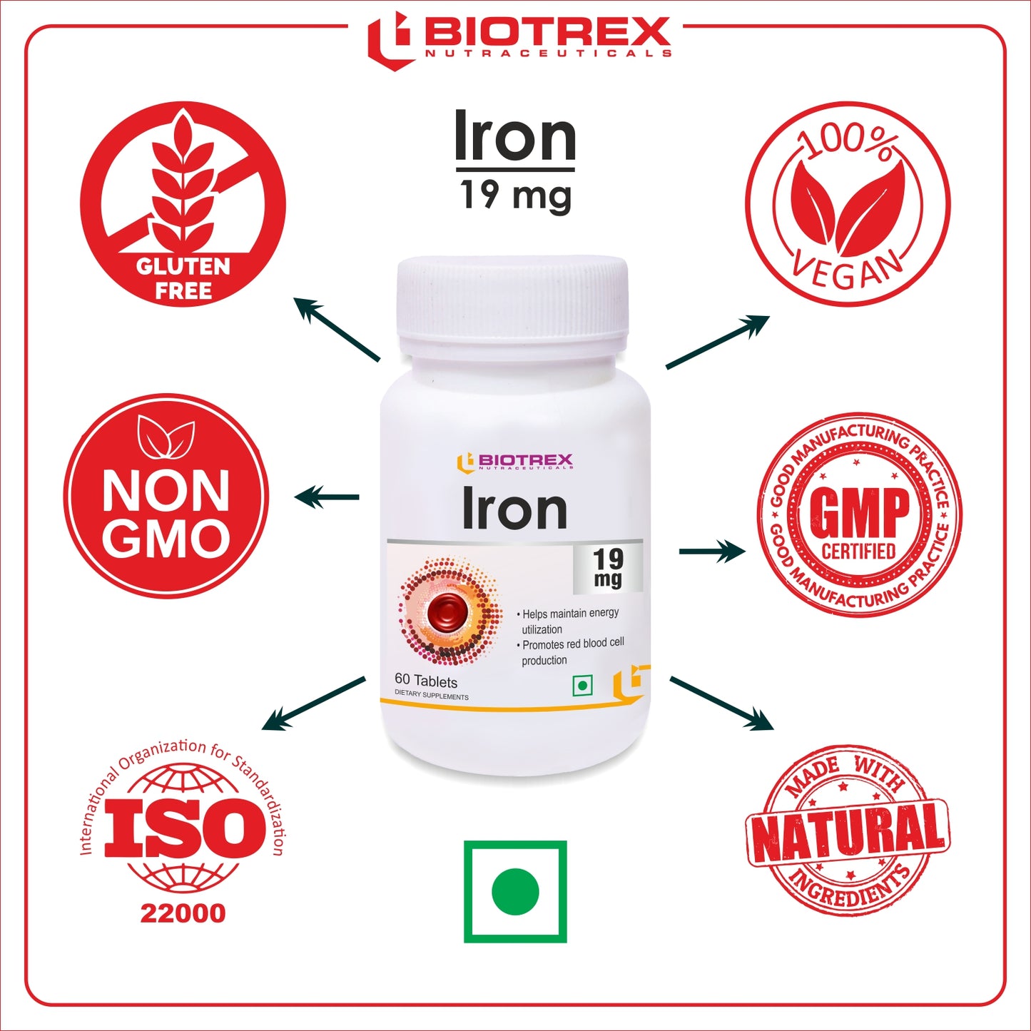 Biotrex Iron 19mg (As Ferrous fumarate) | Boosts immunity, Supports energy, Brain function & Muscle function | For Both Men & Women - 60 Tablets