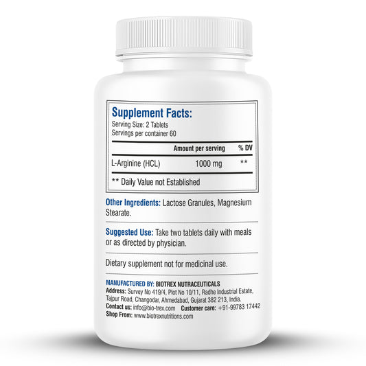 Biotrex L-Arginine 1000mg Supplement, Nitric Oxide Production & Muscle Growth - 120 Tablets