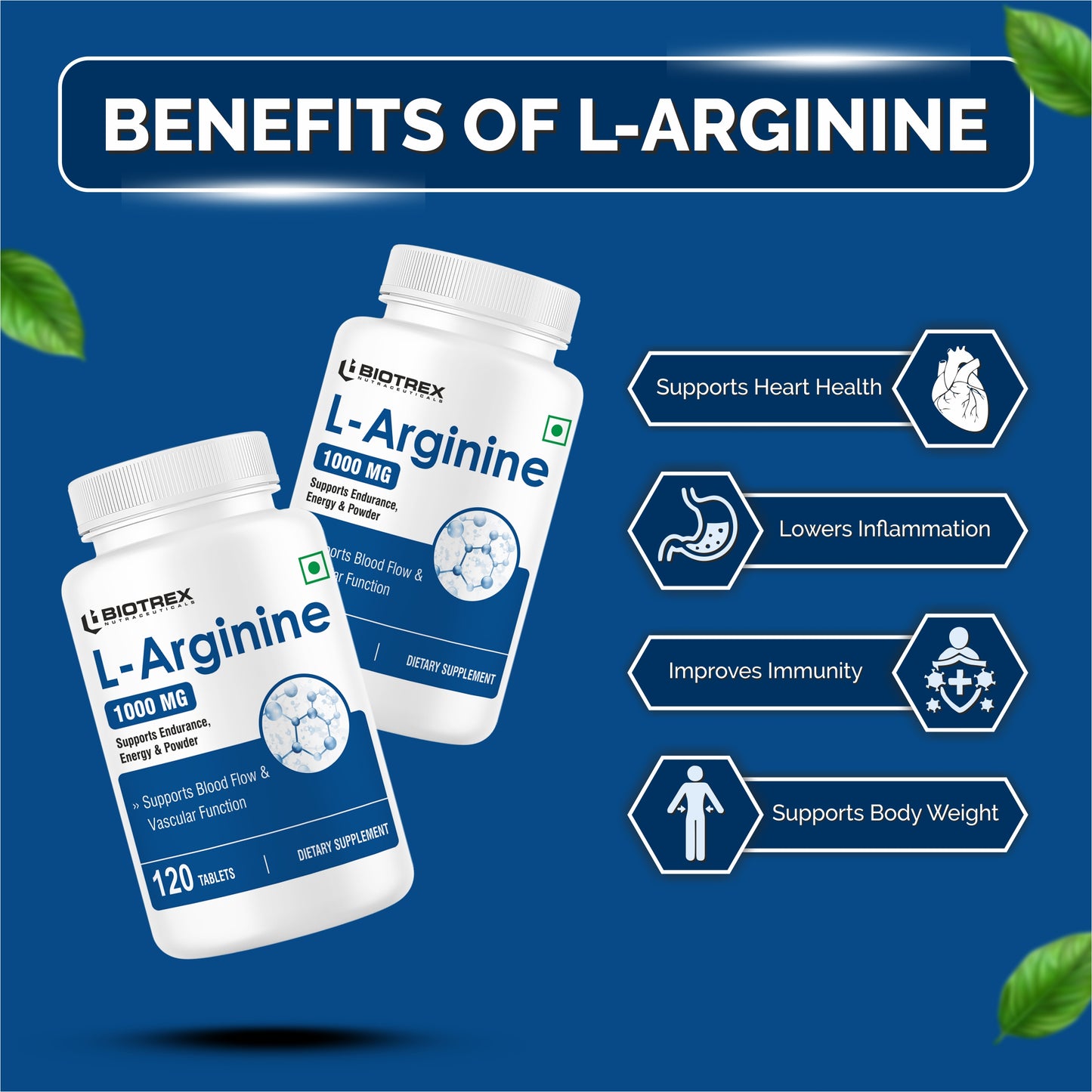 Biotrex L-Arginine 1000mg Supplement, Nitric Oxide Production & Muscle Growth - 120 Tablets