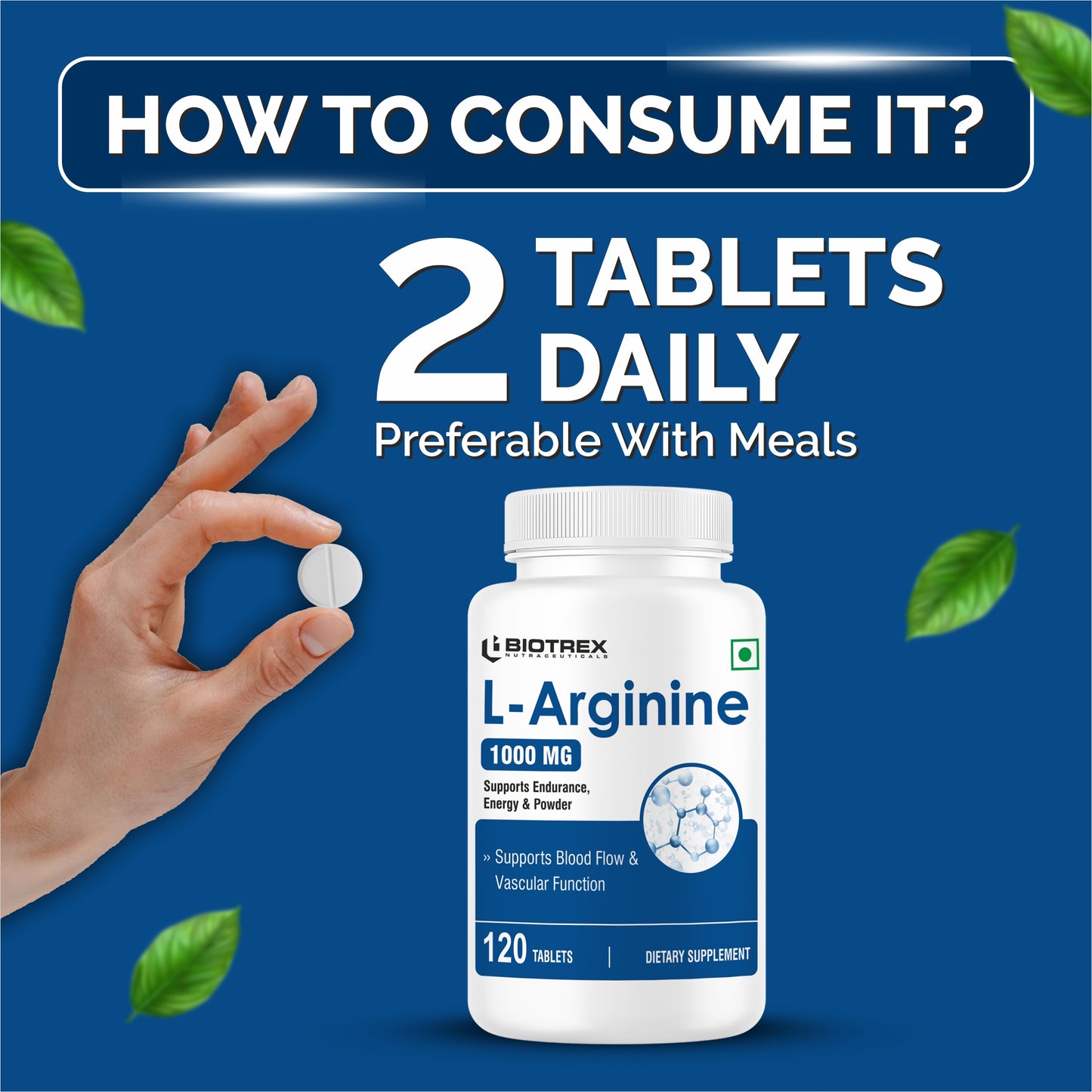 Biotrex L-Arginine 1000mg Supplement, Nitric Oxide Production & Muscle Growth - 120 Tablets