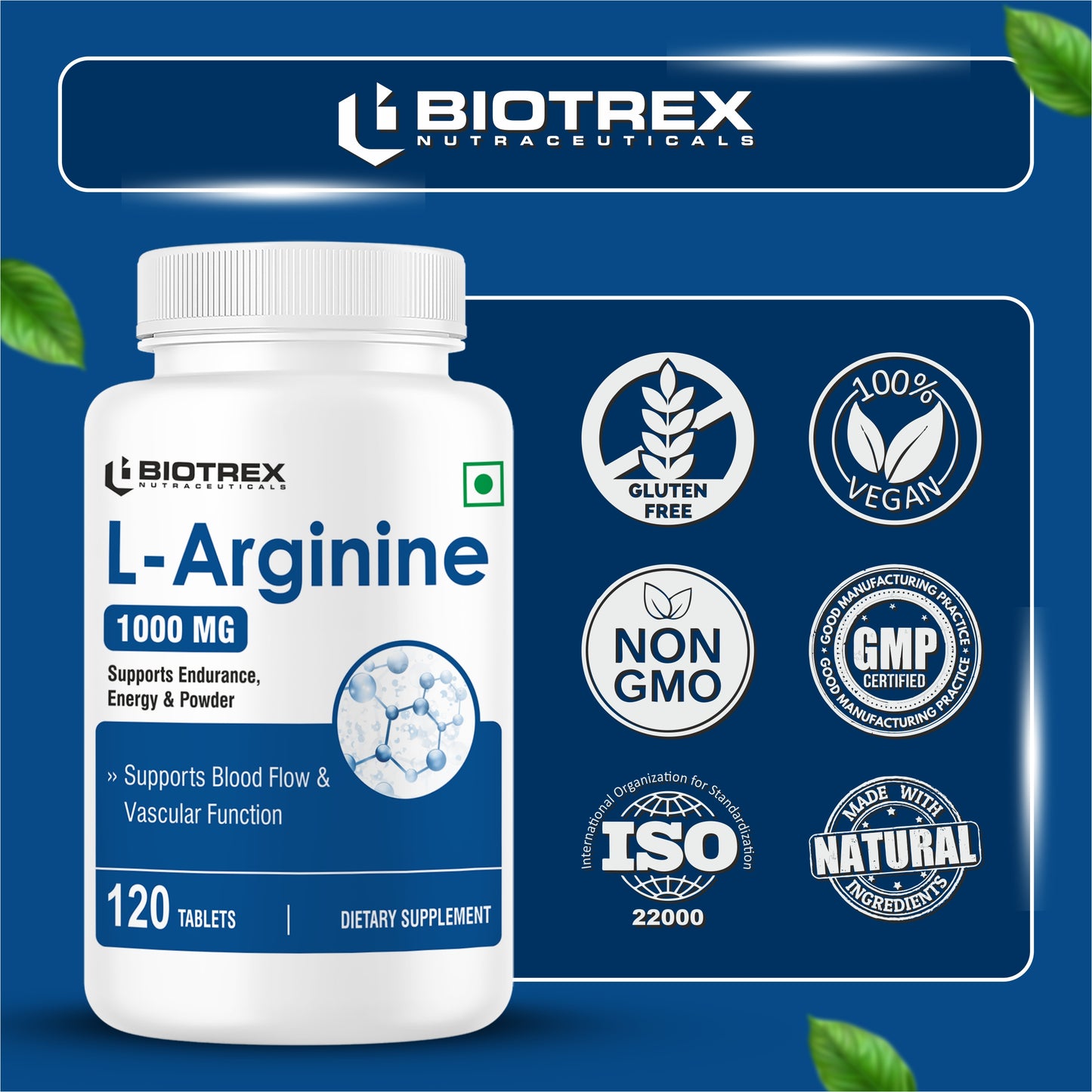 Biotrex L-Arginine 1000mg Supplement, Nitric Oxide Production & Muscle Growth - 120 Tablets