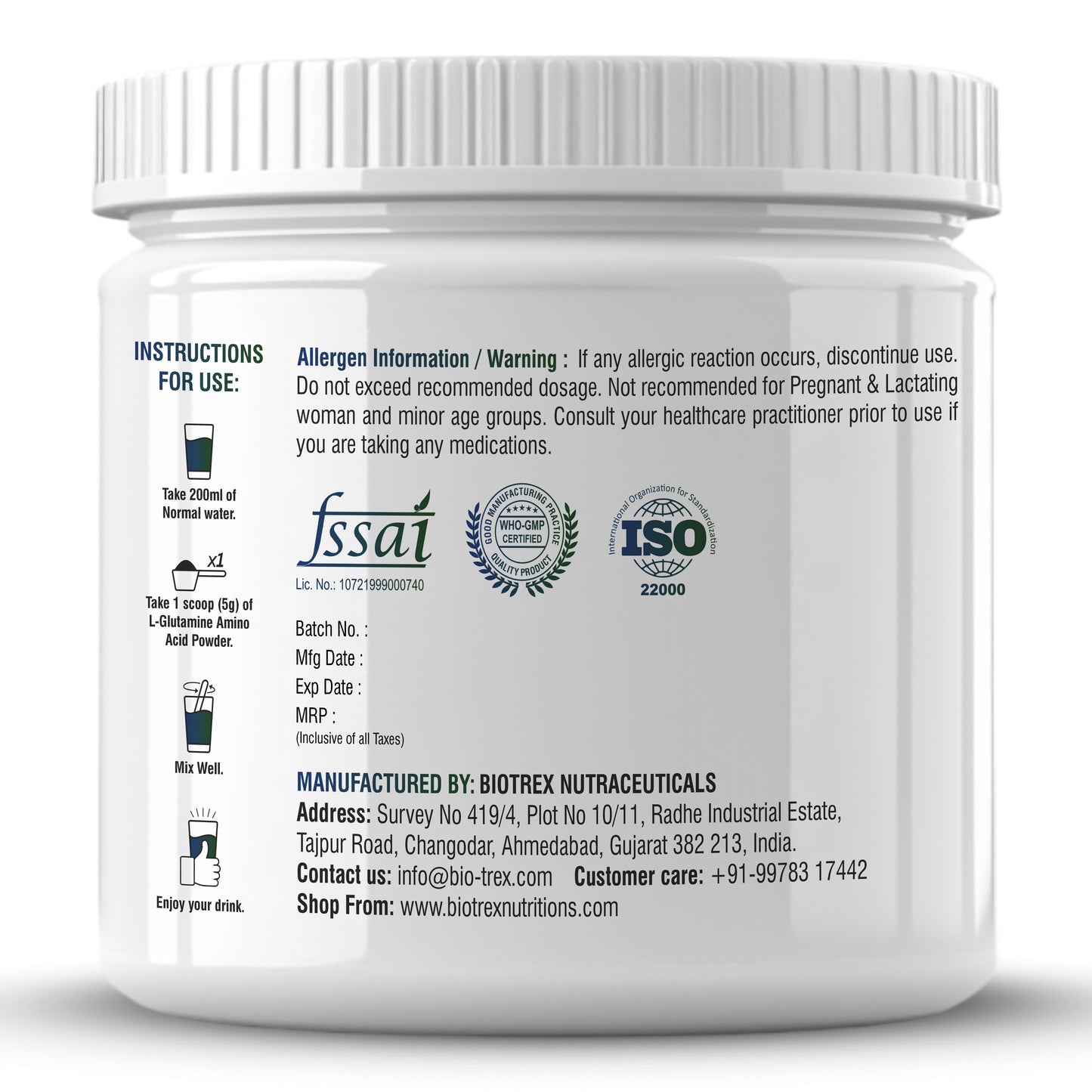 Biotrex L Glutamine Amino Acid Powder 5000mg Per Serving | Preworkout & Muscle Growth | Immune & Gut Health | Enhances Endurance | Unflavoured - 250Gram (50 Serving)