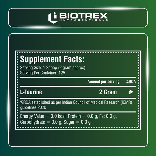Biotrex Nutraceuticals L-Taurine Powder | Amino Acid Supplement For Athletic Performance | Cardiovascular Health & Enhances Muscle Function | Men & Women - 250Gram (Serving 125)