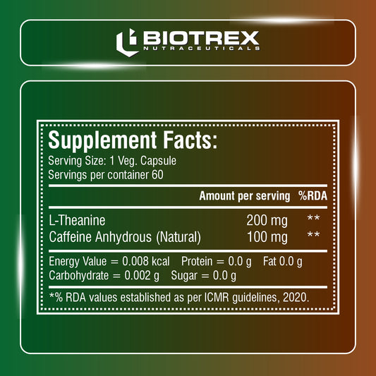 Biotrex Nutraceuticals L-Theanine 200mg Caffeine 100mg Supplement helps to improve Exercise Performance & supports Energy Management - 60 Veg Capsules